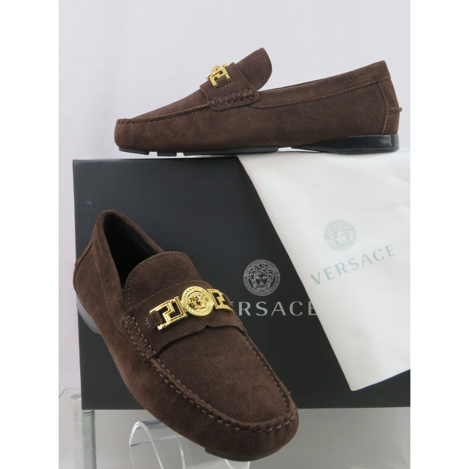 Versace NIB VERSACE BROWN SUEDE GOLD MEDUSA HEAD LOGO LOAFERS 43 10 Size US 10 / EU 43 - 1 Thumbnail