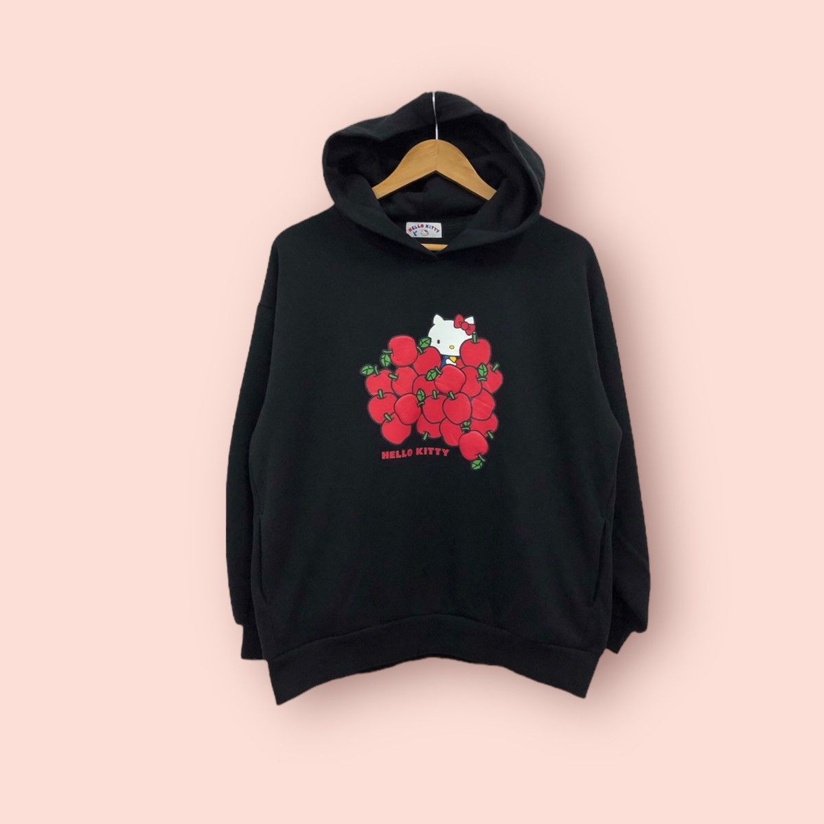 image of Vintage Hello Kitty X Gu Hooded Baggy Pullover Sweatshirt in Black, Men's (Size Large)