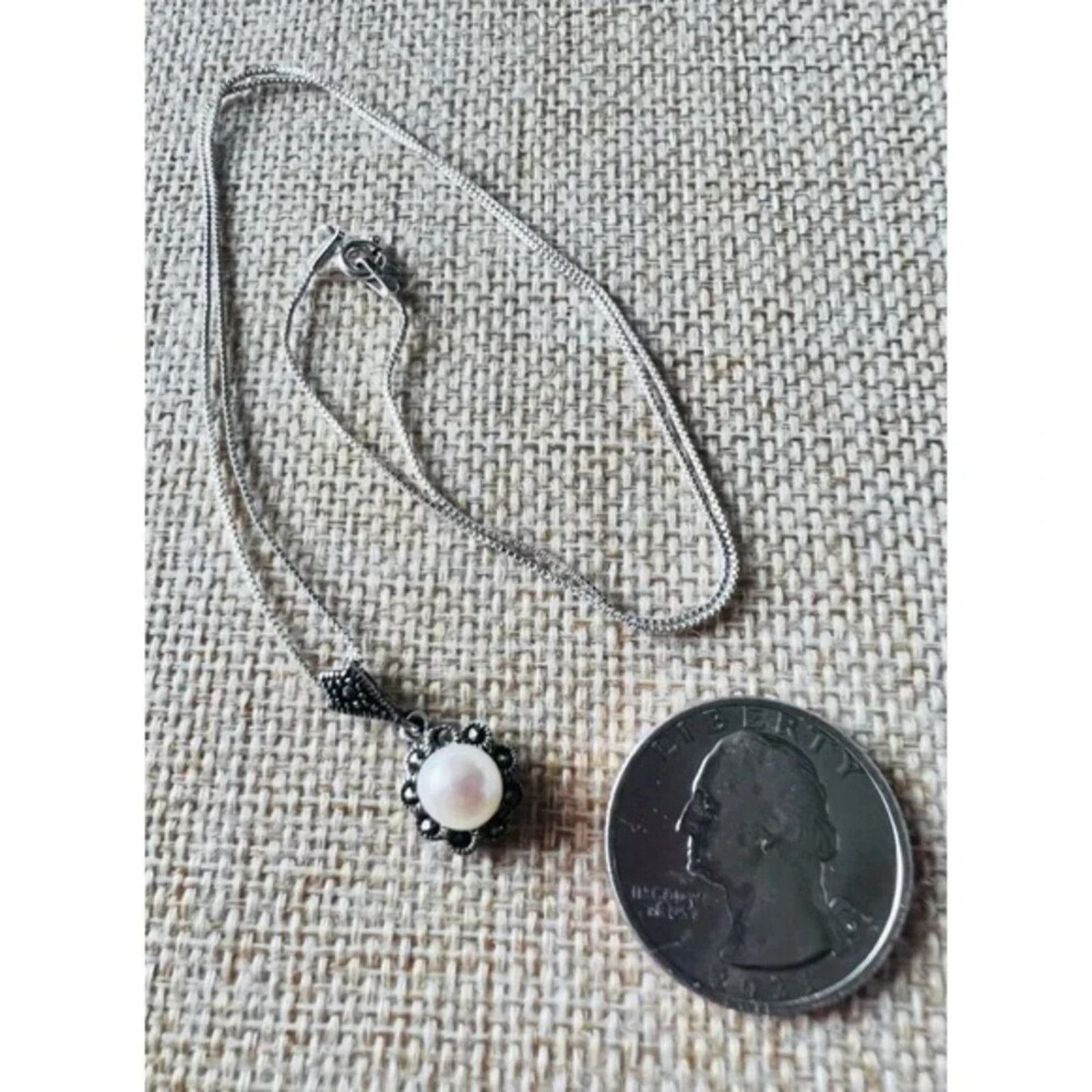 Other 925 Sterling Silver Real Pearl & Marcasites Necklace 18” Size ONE SIZE - 3 Thumbnail