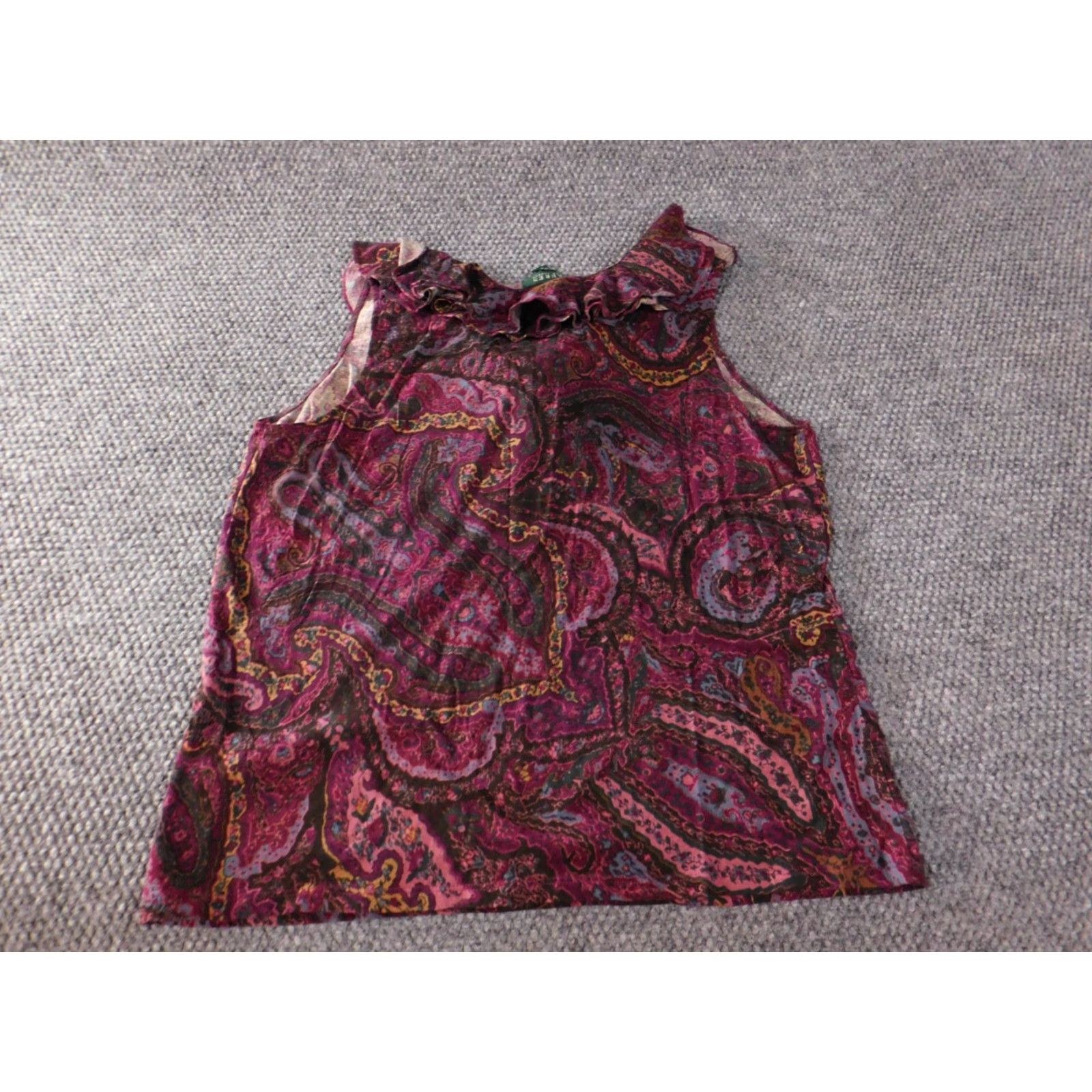 Ralph Lauren Lauren Ralph Lauren Blouse 1X Women Purple Paisley Knit V-Neck Pullover Ruffle Short Sleeveless Casual COTTON Knit Dressy Basic Size XL / US 12-14 / IT 48-50 - 6 Thumbnail