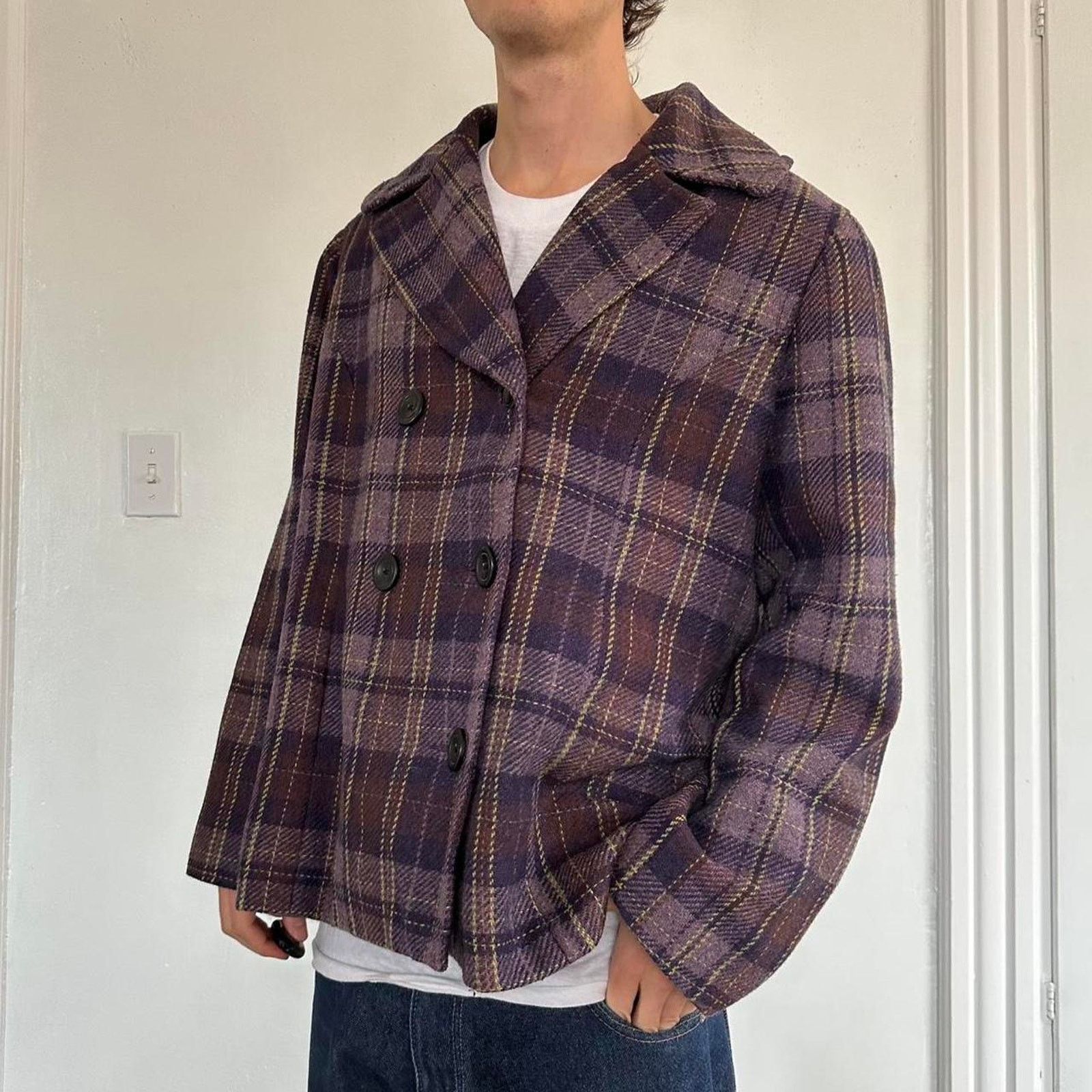 Vintage Vintage Y2K Purple Plaid Double Brest Peacoat Blazer Jacket Size XL / US 12-14 / IT 48-50 - 3 Thumbnail