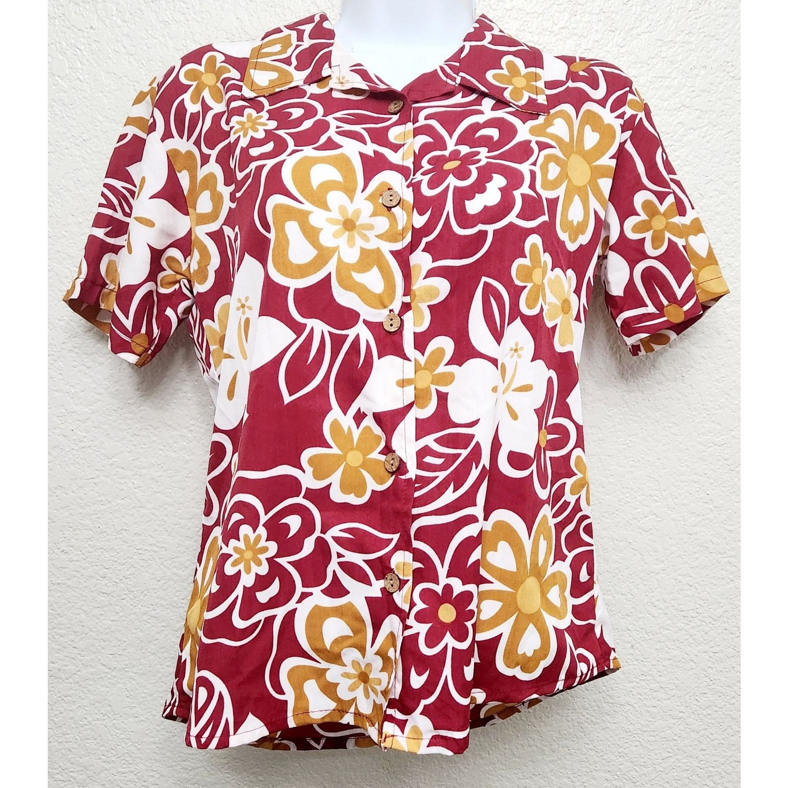 Other Stitch Hawaiian Burgundy Yellow Hawaiian Button Top Small Size S / US 4 / IT 40 - 1 Thumbnail