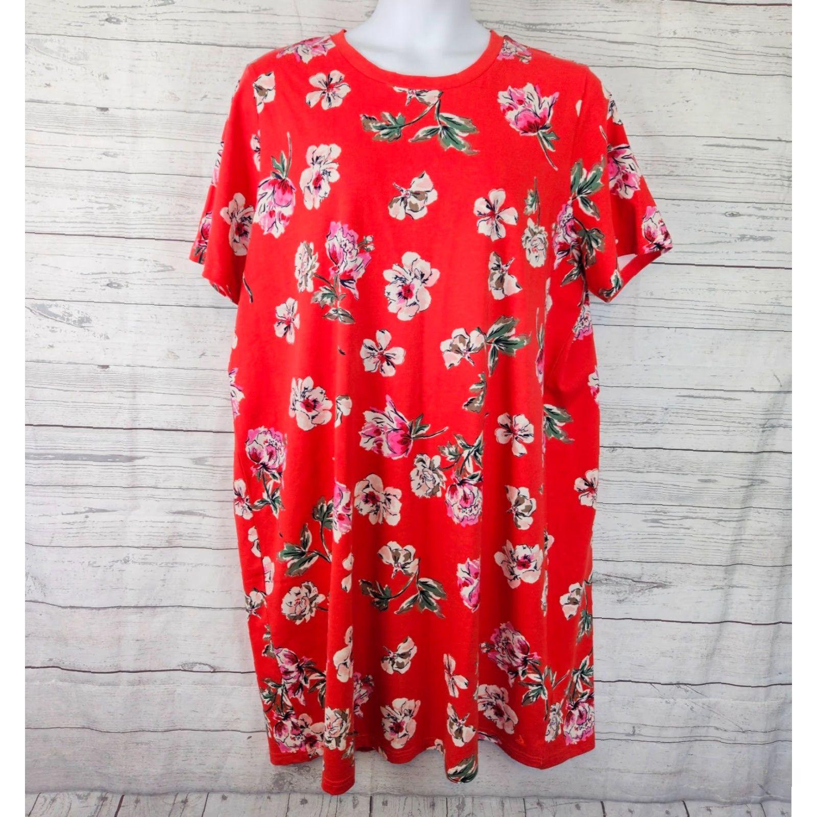 Vintage VINTAGE? No — Joules Dress Womens Plus Size 20 Red Pink Floral Short Sleeve Cotton Shift Dress Mens? Size 42" / US 20 - 2 Thumbnail
