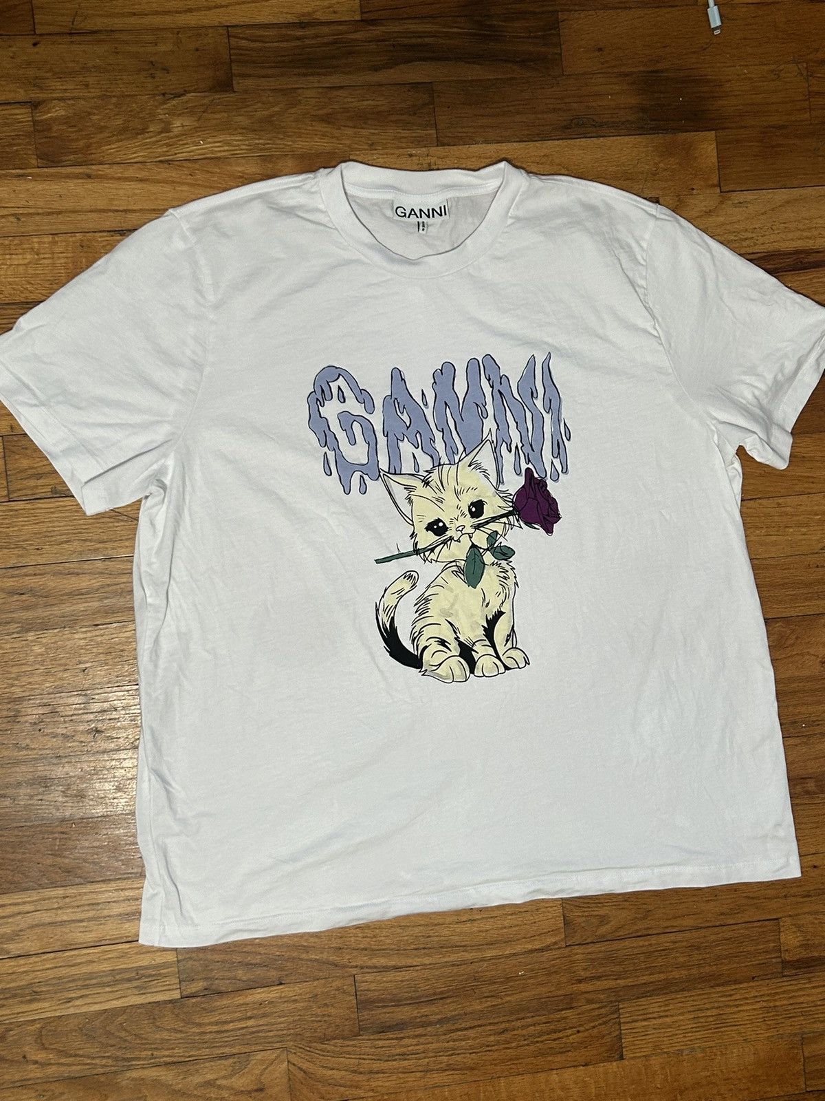 Ganni GANNI rose cat basic jersey relaxed t shirt Size L / US 10 / IT 46 - 1 Thumbnail