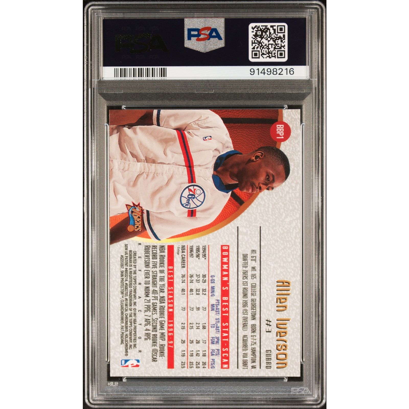 NBA 1997 Bowman's Best Preview Refractor BBP1 Allen Iverson PSA9 Size ONE SIZE - 2 Thumbnail