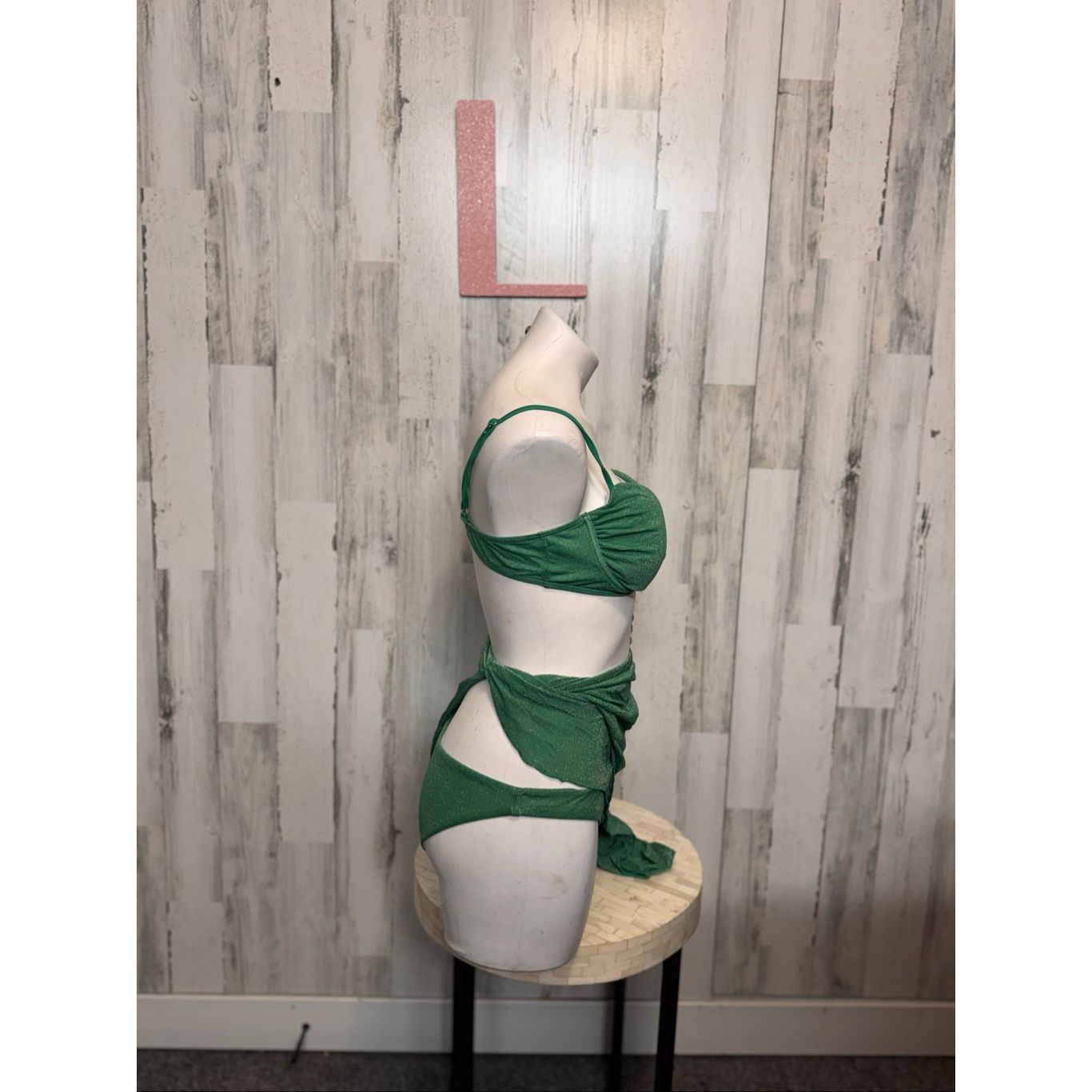 Other Green Sparkle 3-Piece Bikini Set Women’s Size L | Ruched Top + Bottoms + Sarong Cover Up Swimwear Size ONE SIZE - 8 Thumbnail