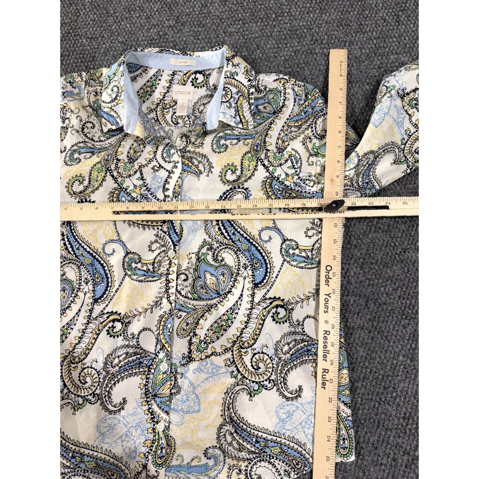 Vintage Chicos Shirt Womens 4 Button Up Collared Paisley Cotton Blue White Green Stretch no iron Casual Blouse Size S / US 4 / IT 40 - 4 Thumbnail