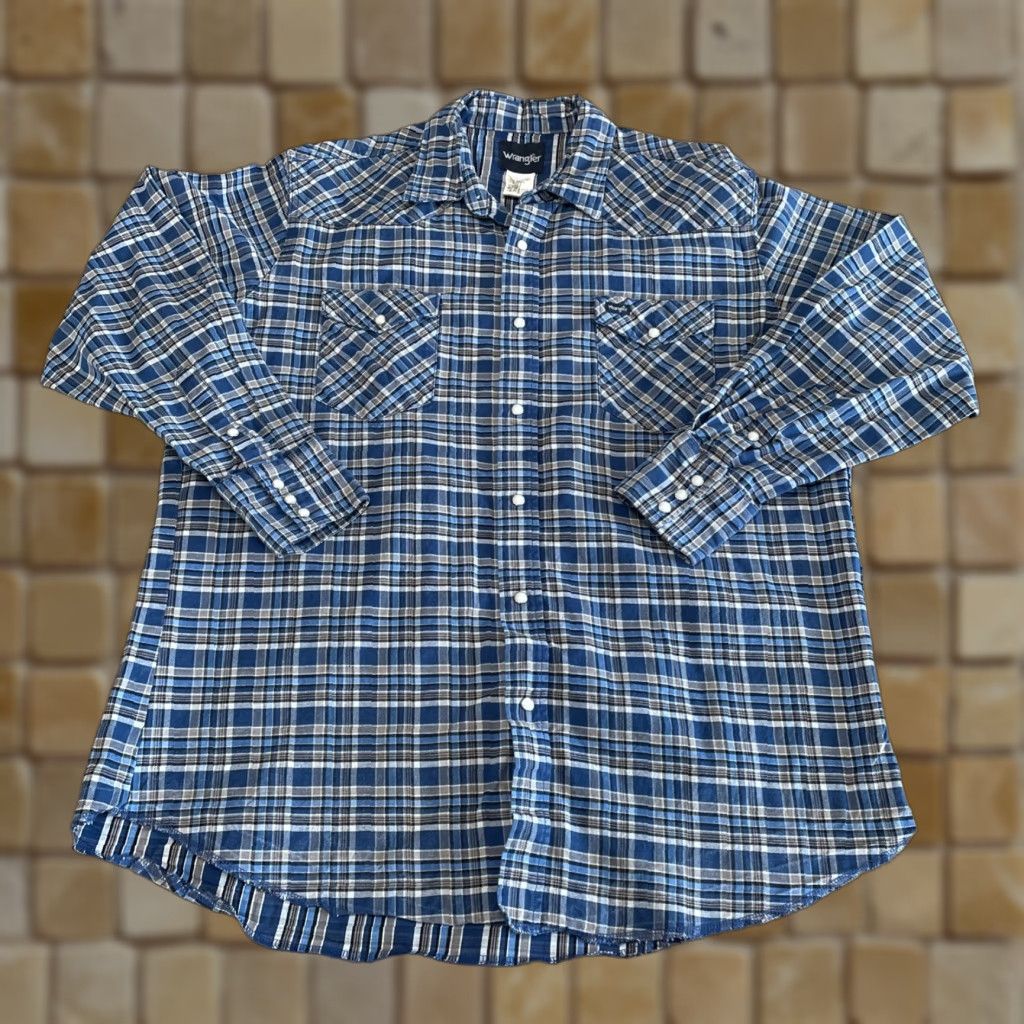 Wrangler VINTAGE Wrangler Button-Down Shirt Men 2XT Blue Plaid Pearl Snap Long Sleeve Big & Tall Mens Size US XXL / EU 58 / 5 - 1 Thumbnail