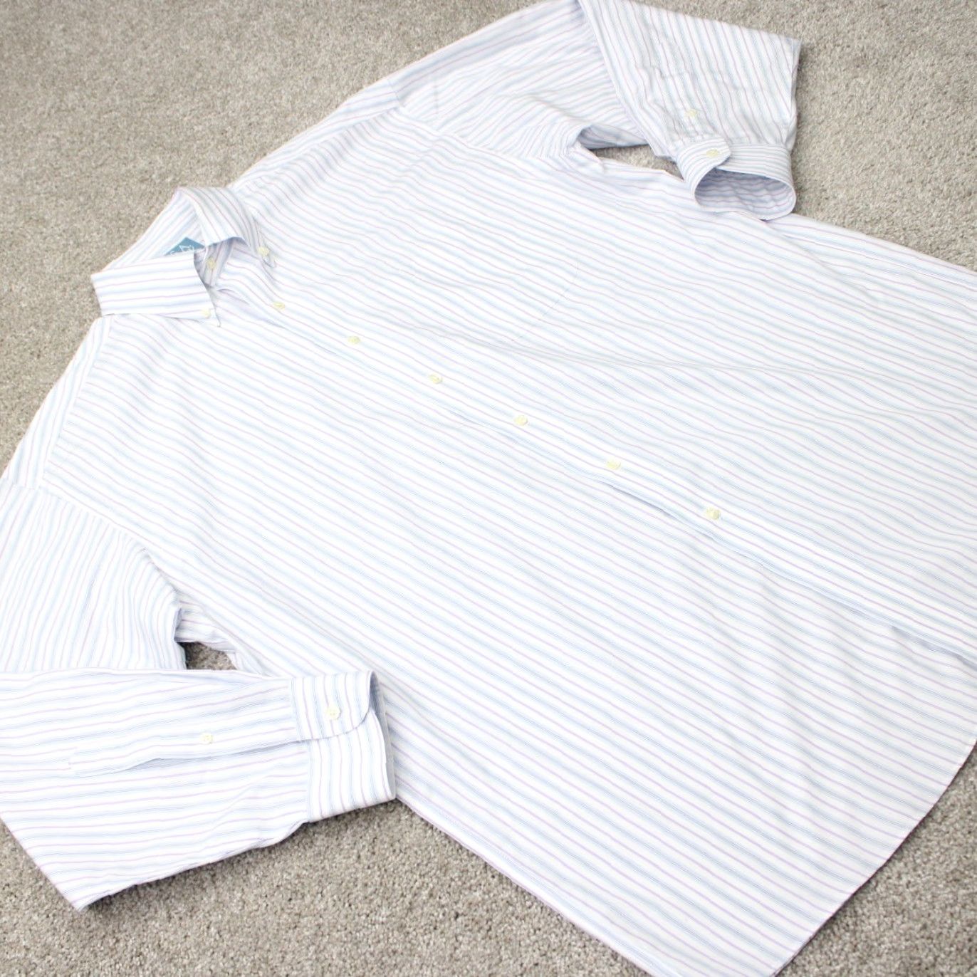 Jos. A. Bank Jos. A. Bank Shirt Mens 16, 33 White/Blue/Purple Striped 100% Cotton L/S Button-Down Collared Dress Shirt Regular Fit Size US L / EU 52-54 / 3 - 7 Thumbnail