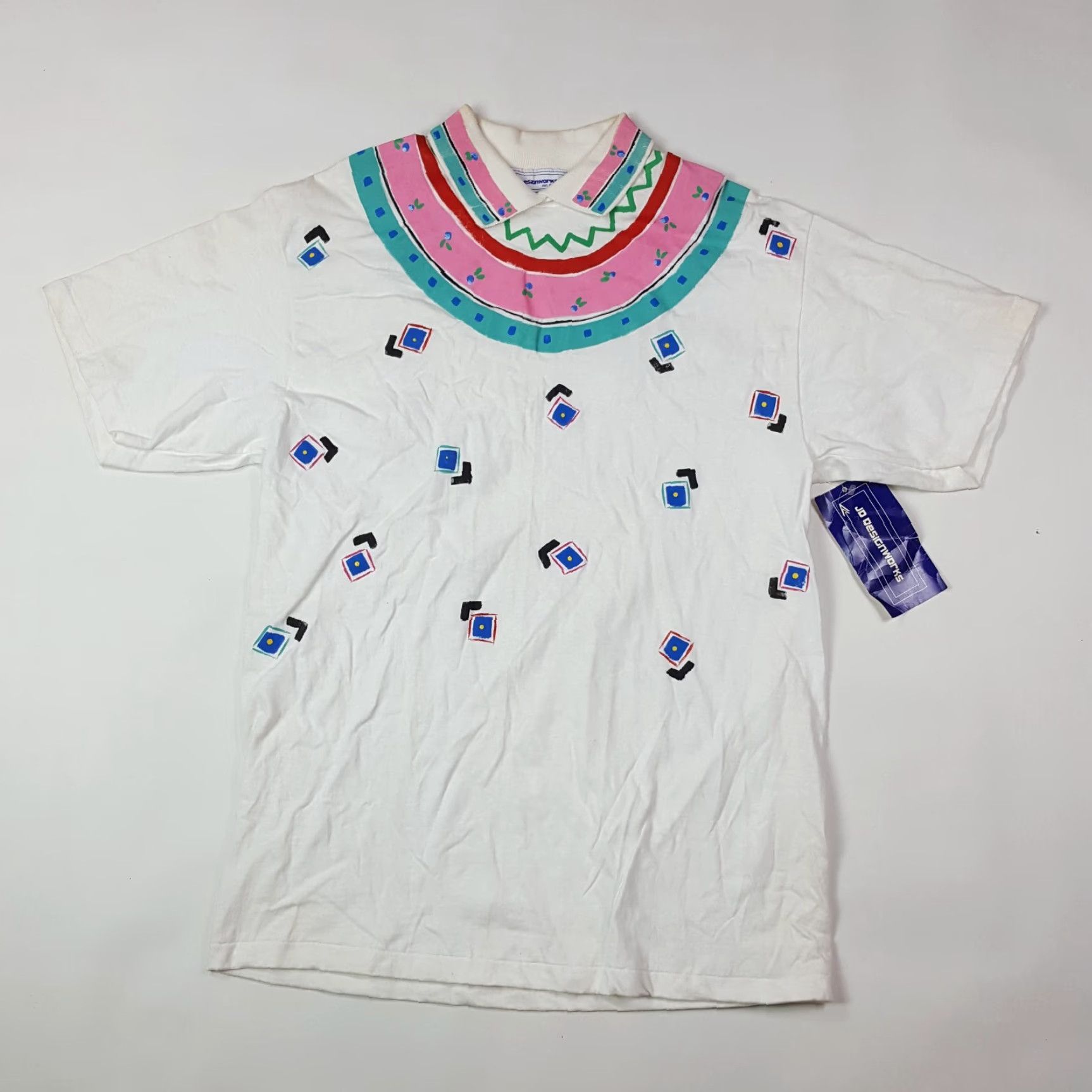 Vintage VINTAGE JD Designworks T-Shirt 80s Collared Short Sleeve USA Hand Painted Size Large White Mens Womens, Adult Unisex Cotton Regular Size L / US 10 / IT 46 - 2 Thumbnail