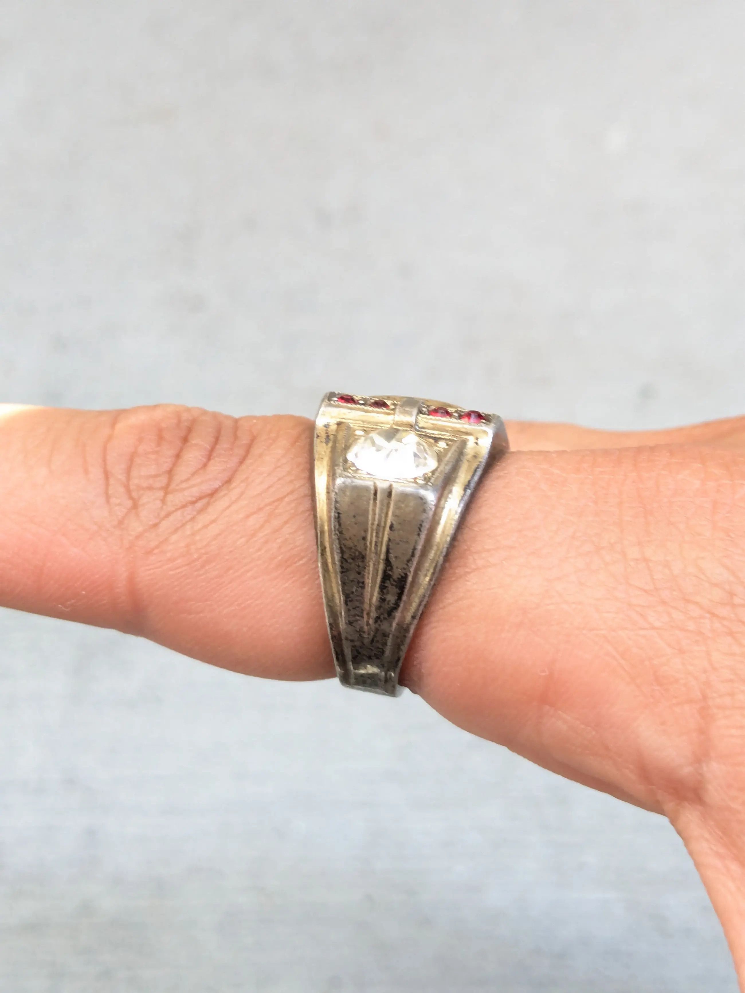 Sterling Silver Vintage Sterling Silver Ring 10.5 Glass Red Clear Theda Belt Size ONE SIZE - 15 Thumbnail