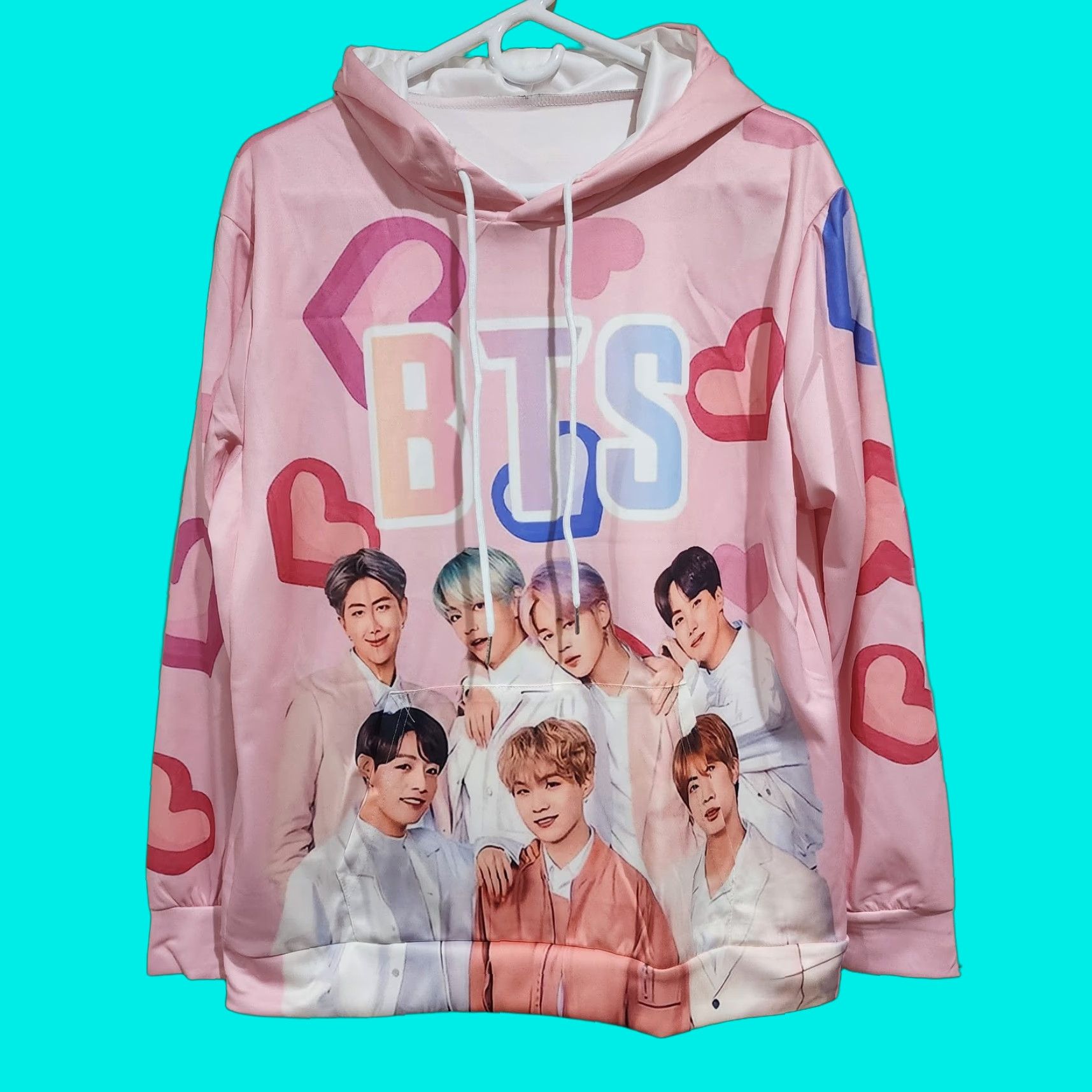 Pinko NWOT BTS Band Pink Hearts Long Sleeve Hoodie Sweatshirt M Men Pink Polyester Hoodie Pullover Hooded Regular Sweatshirt 90s? (No, avoid adding) Size US M / EU 48-50 / 2 - 1 Thumbnail