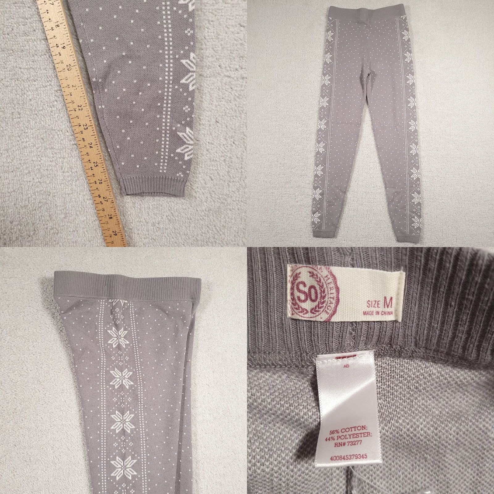 Vintage SO Leggings Women's Medium Gray Pull-On Knit Snowflake Print Warm Size 32" / US 10 / IT 46 - 8 Thumbnail