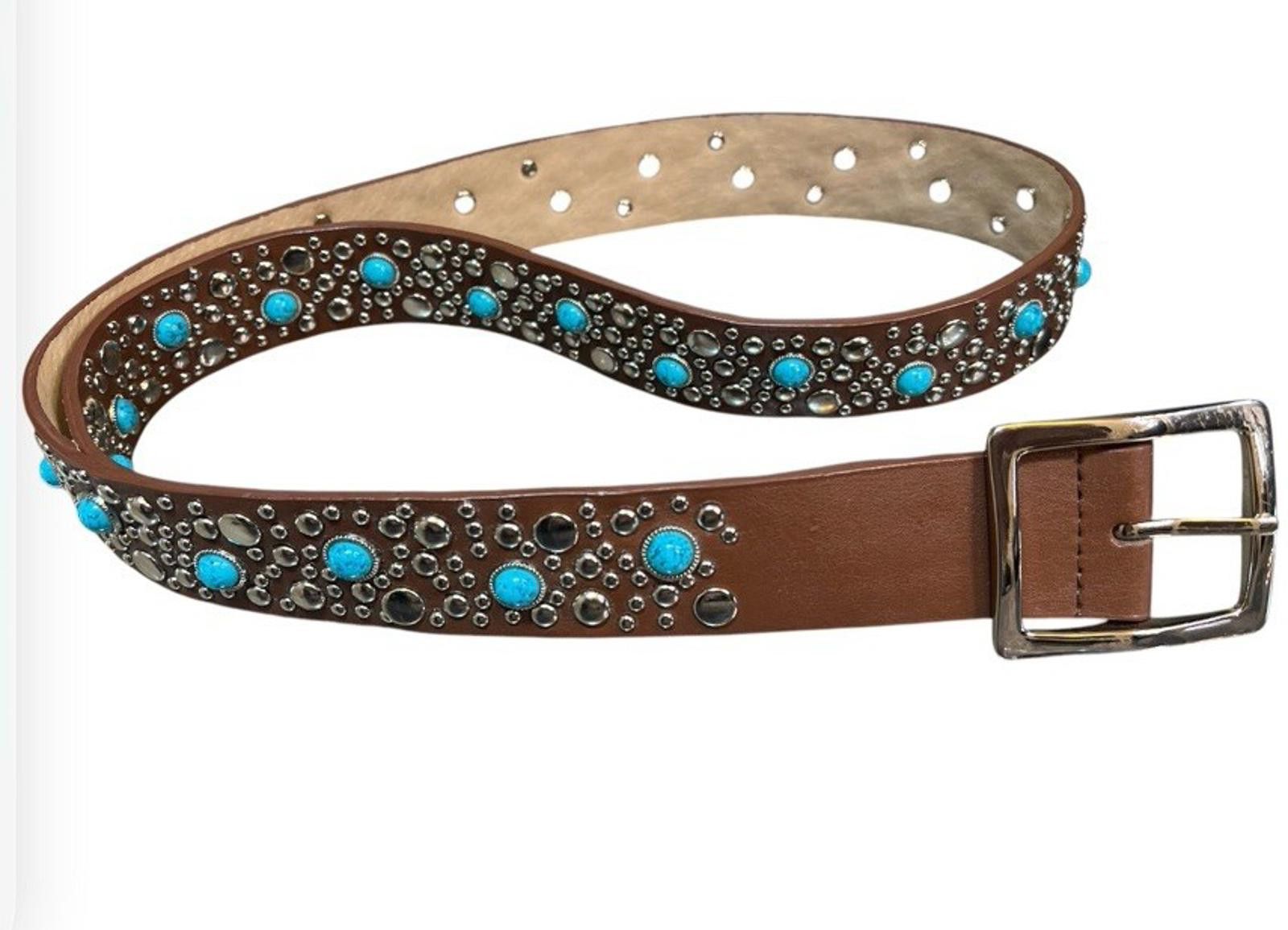 Designer Genuine Leather Line Turquoise And Stud Belt 1X Size ONE SIZE - 1 Thumbnail