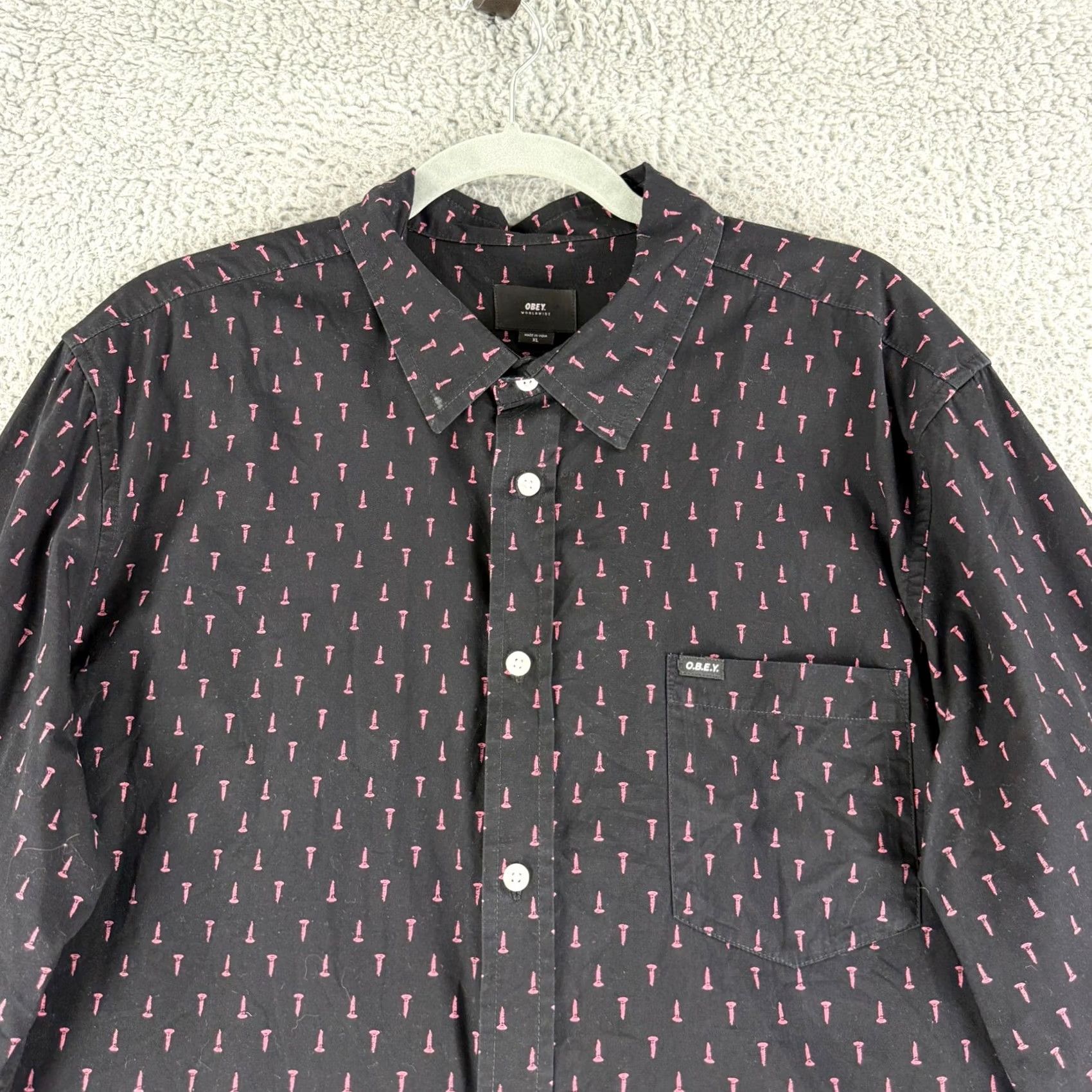 Obey OBEY Button Down Shirt Mens XL Black Pink Screw Print Long Sleeve Streetwear Size US XL / EU 56 / 4 - 2 Thumbnail