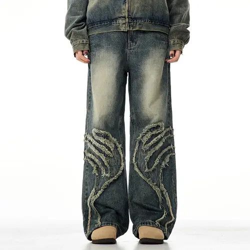 Jean Vintage Blue Graphic Splicing Baggy Jeans Size US 33 - 2 Thumbnail