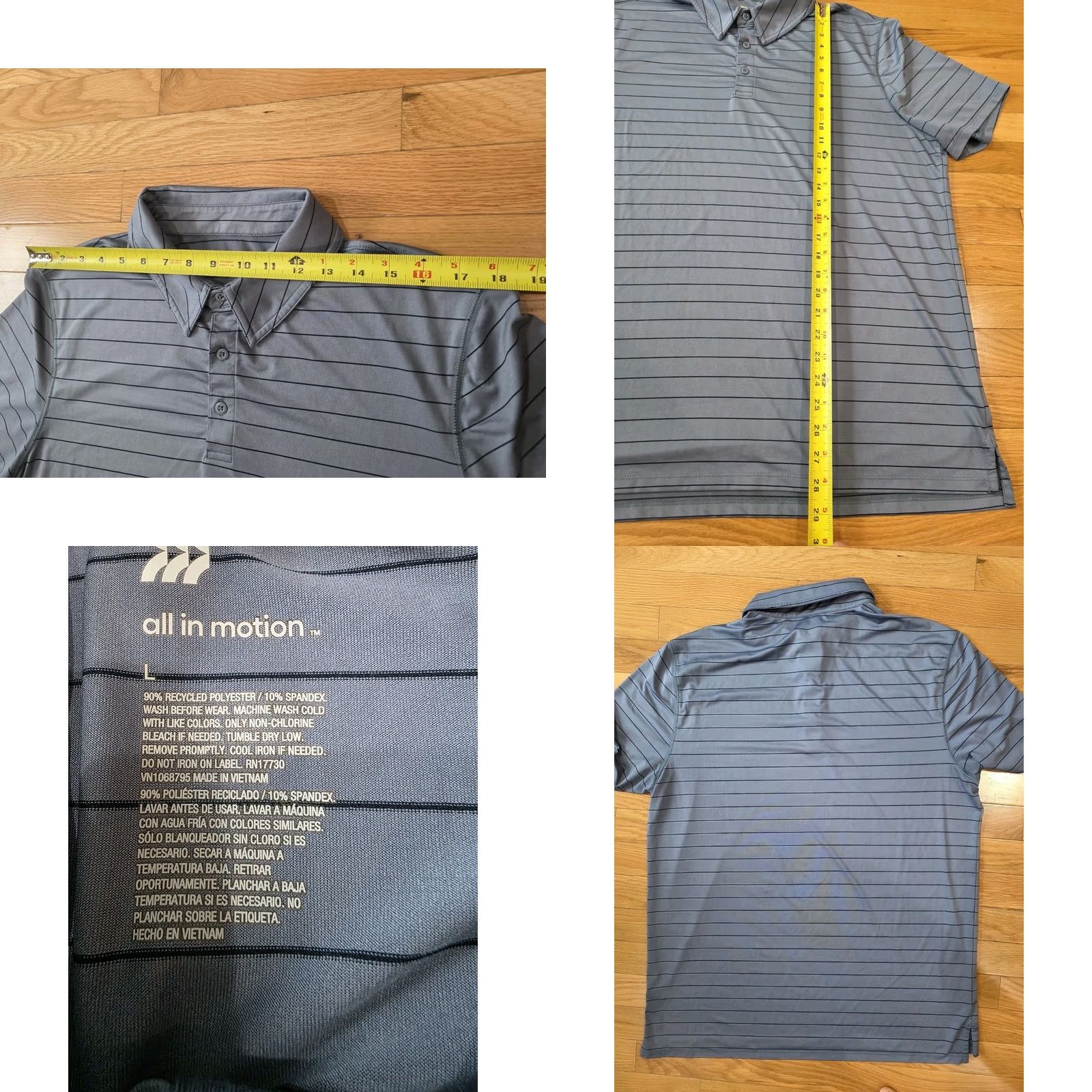 Vintage ALL IN MOTION Polo Shirt Grey Blue Stripe Lightweight Performance Large L Men Short Sleeve Collared Shirt Size US L / EU 52-54 / 3 - 8 Thumbnail