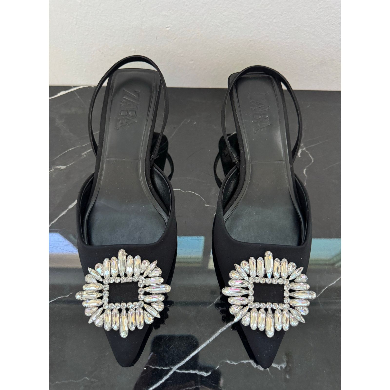 Zara Zara Black Rhinestone Pointed Toe Slingback Kitten Heel Size US 9 / IT 39 - 1 Thumbnail