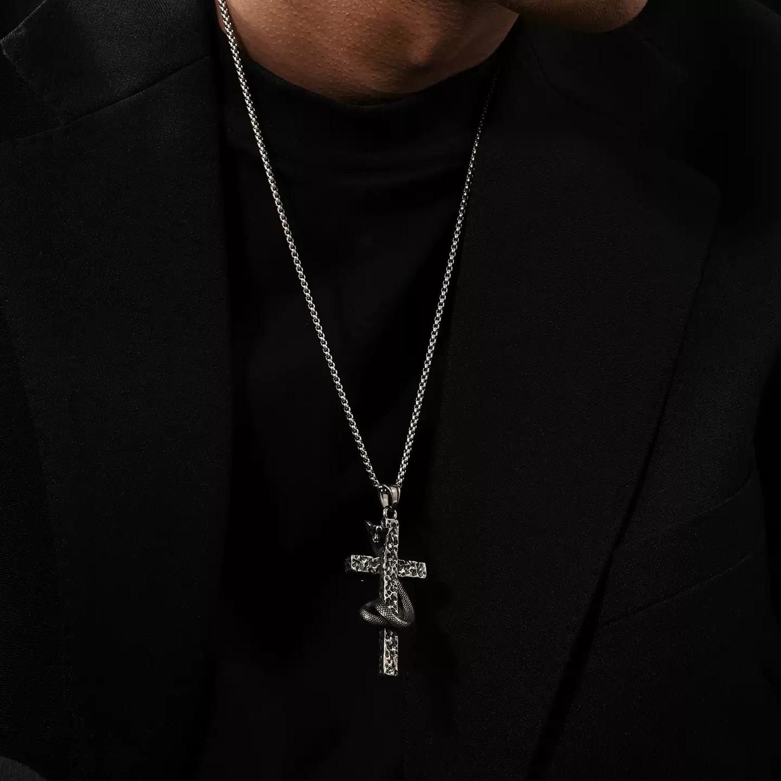 Jewelry Silver Cross Pendant Necklace with Snake Detail Size ONE SIZE - 4 Thumbnail