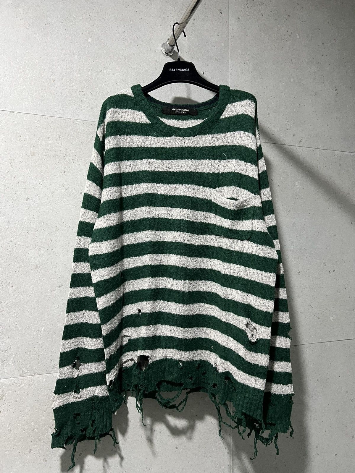 Pre-owned Comme Des Garcons X Junya Watanabe Distress Grunge Punk Stripes Sweater In Gray/green