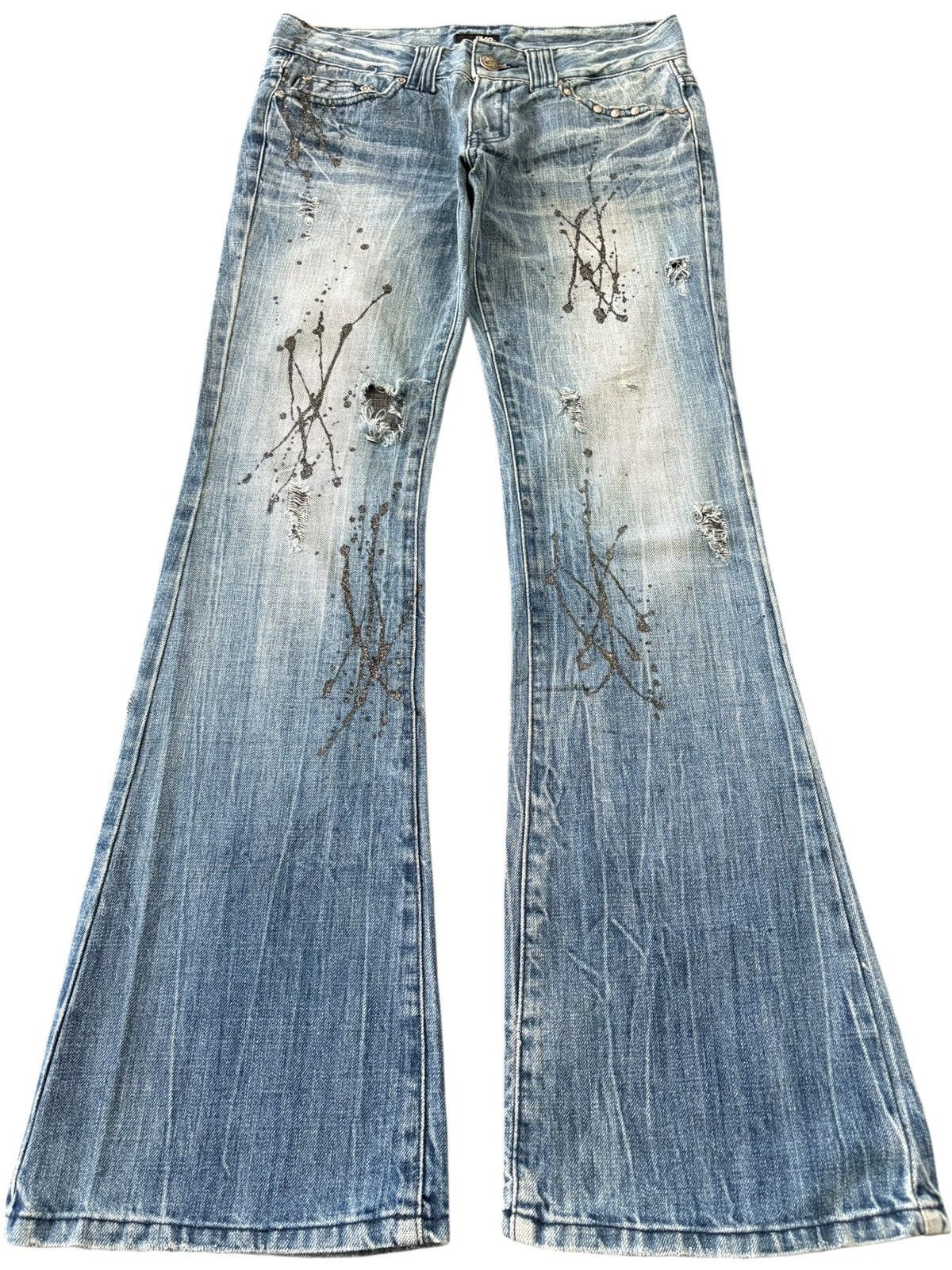 If Six Was Nine Vintage Japanese Brand Punk Splattered Distress Flare Jeans Size US 31 - 1 Thumbnail