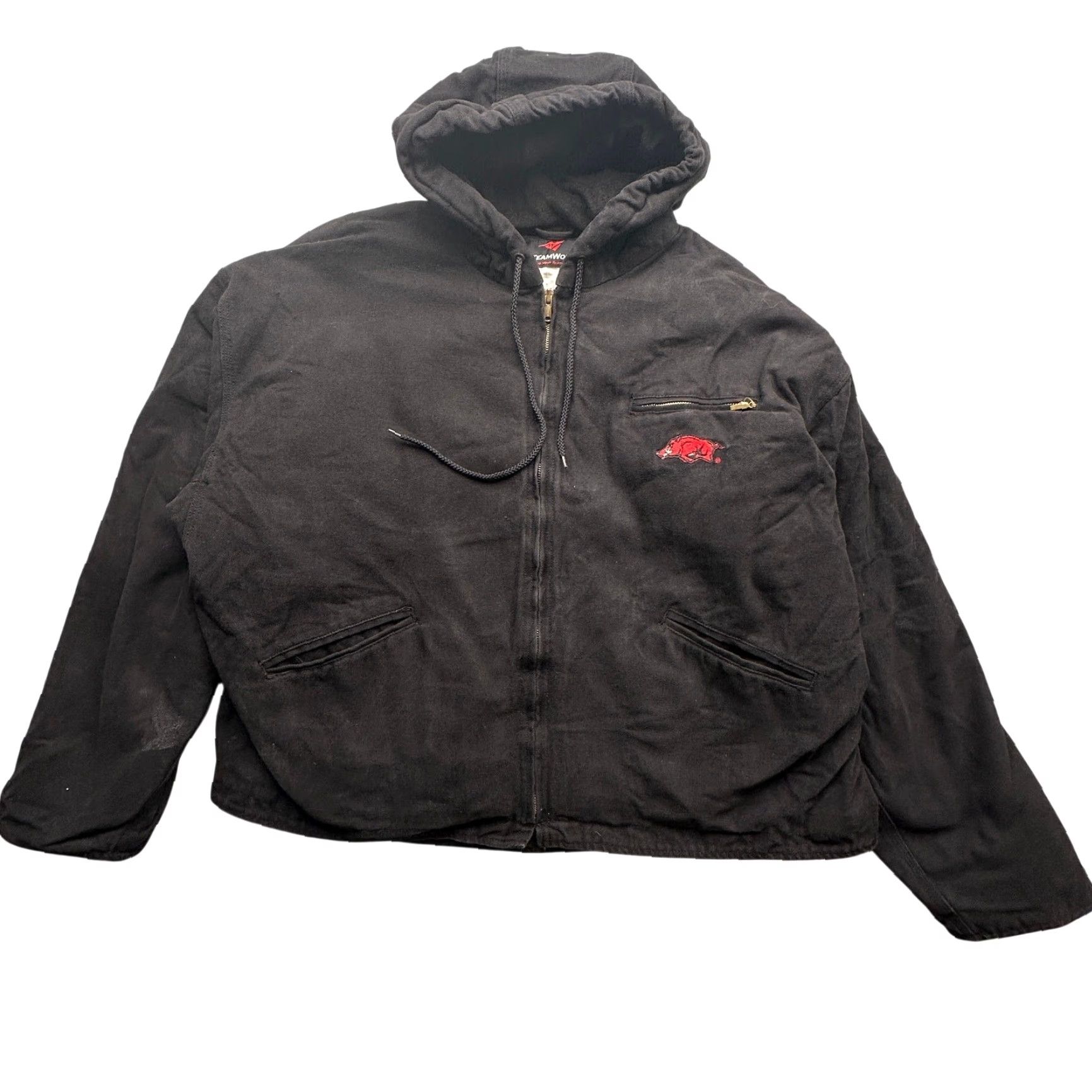 Vintage VINTAGE TeamWorx Arkansas Razorbacks Duck Canvas Work Jacket Mens XL Zip Hooded Lined Size US XL / EU 56 / 4 - 6 Thumbnail