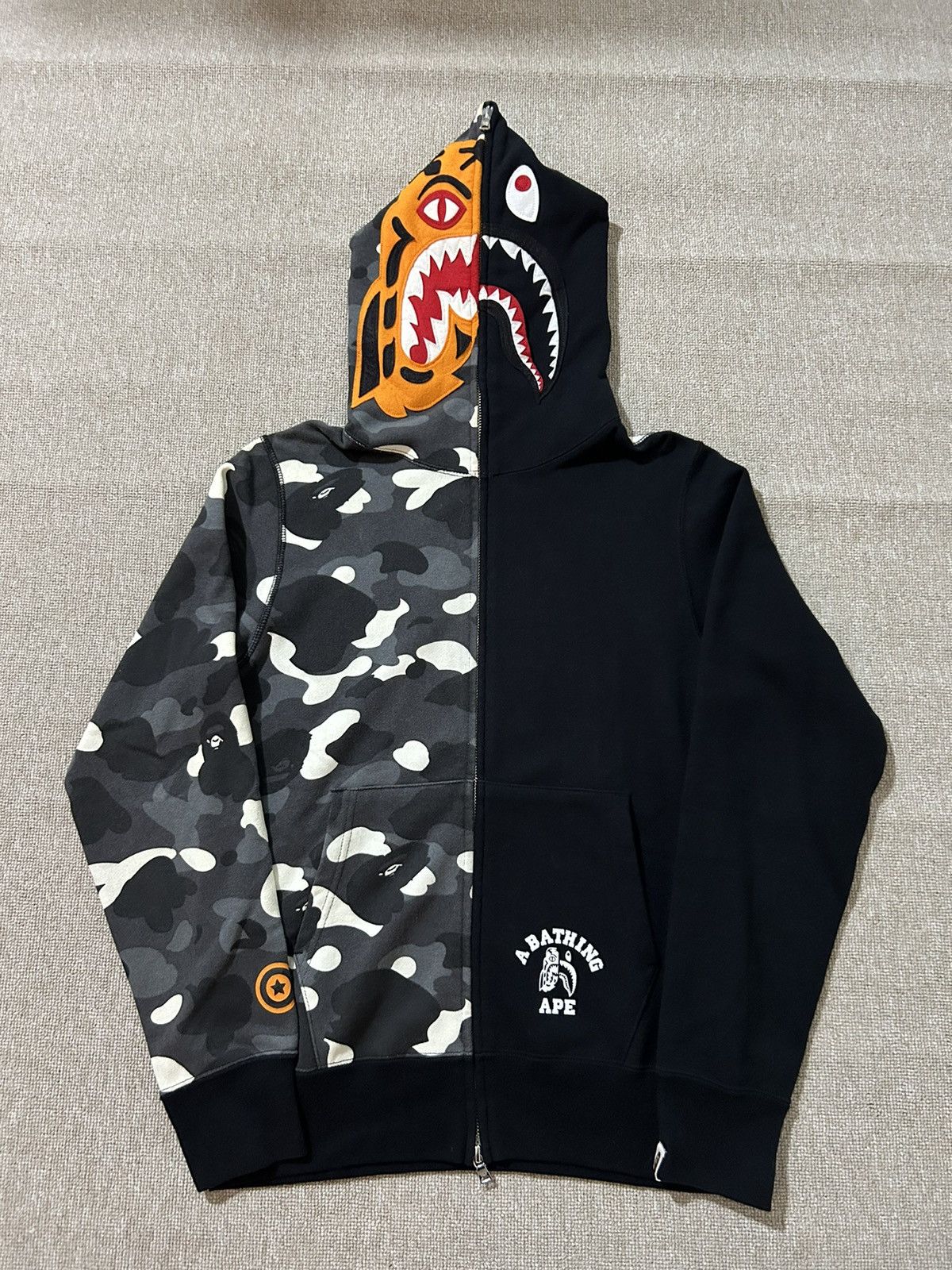 image of Bape City Camo Tiger Shark Half Full Zip Hoodie in Black, Men's (Size Small)