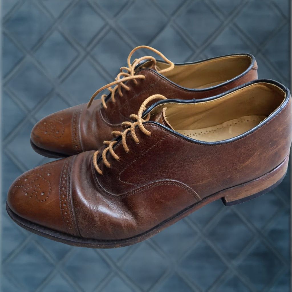 Vintage J&M 1850 Mens Leather Cap Toe Oxford Dress Shoes Trampoline Comfort Brown Size 10 D발 Size ONE SIZE - 1 Thumbnail