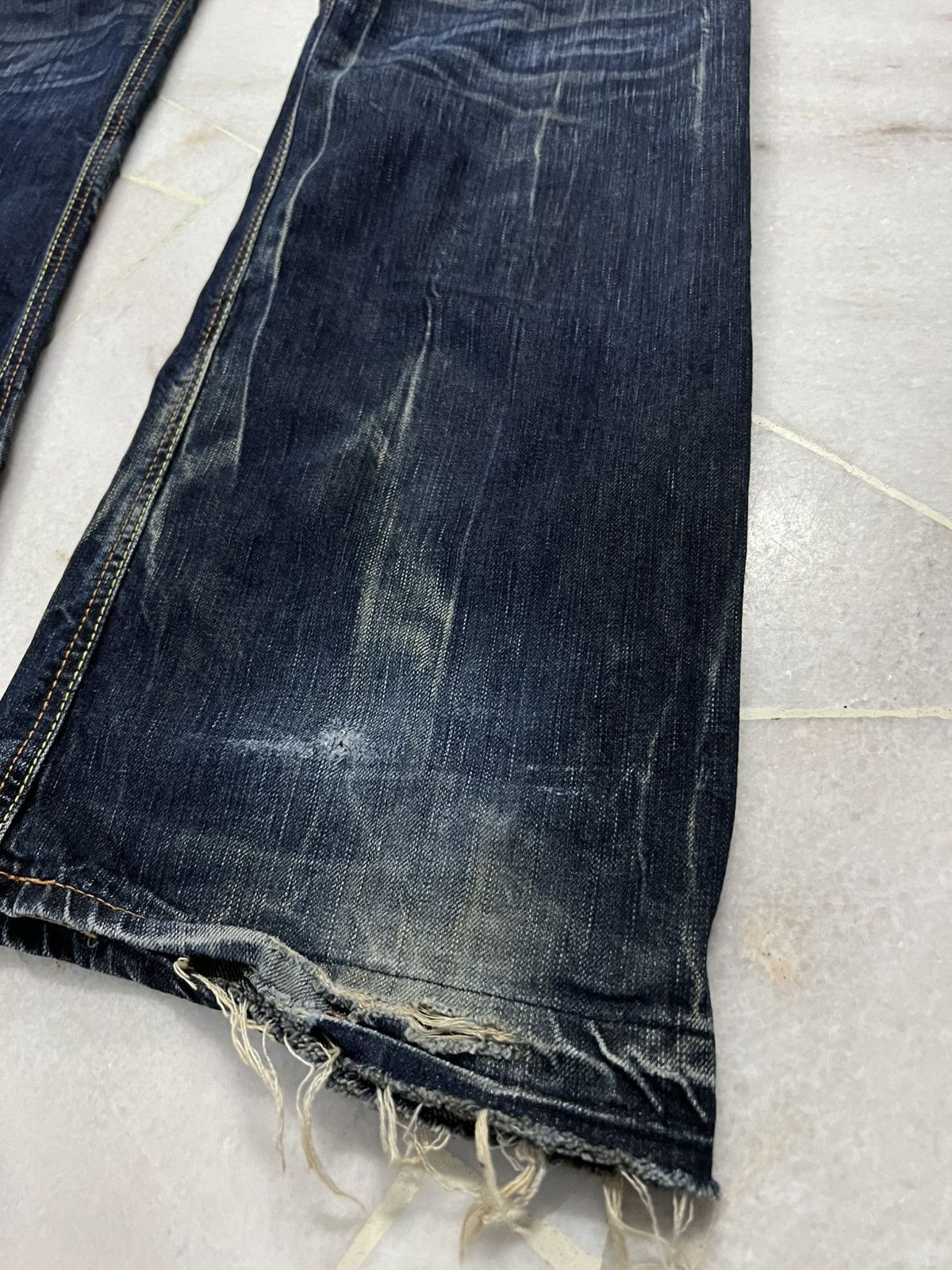 Edwin × Vintage 💥Flare💥Edwin 503 Blue Trip Distress Jean Size US 35 - 14 Thumbnail