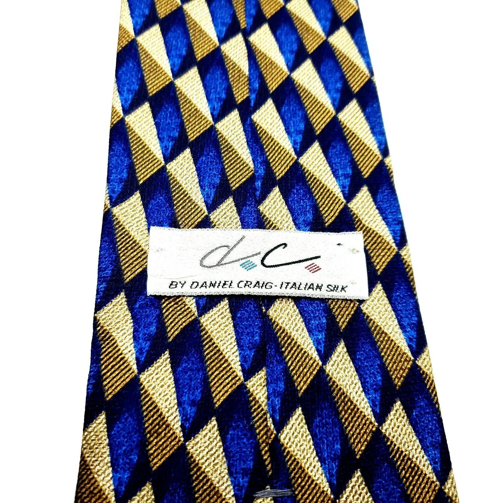 Designer Daniel Craig Silk Tie Print Blue Tan Geometric Long Size ONE SIZE - 3 Thumbnail