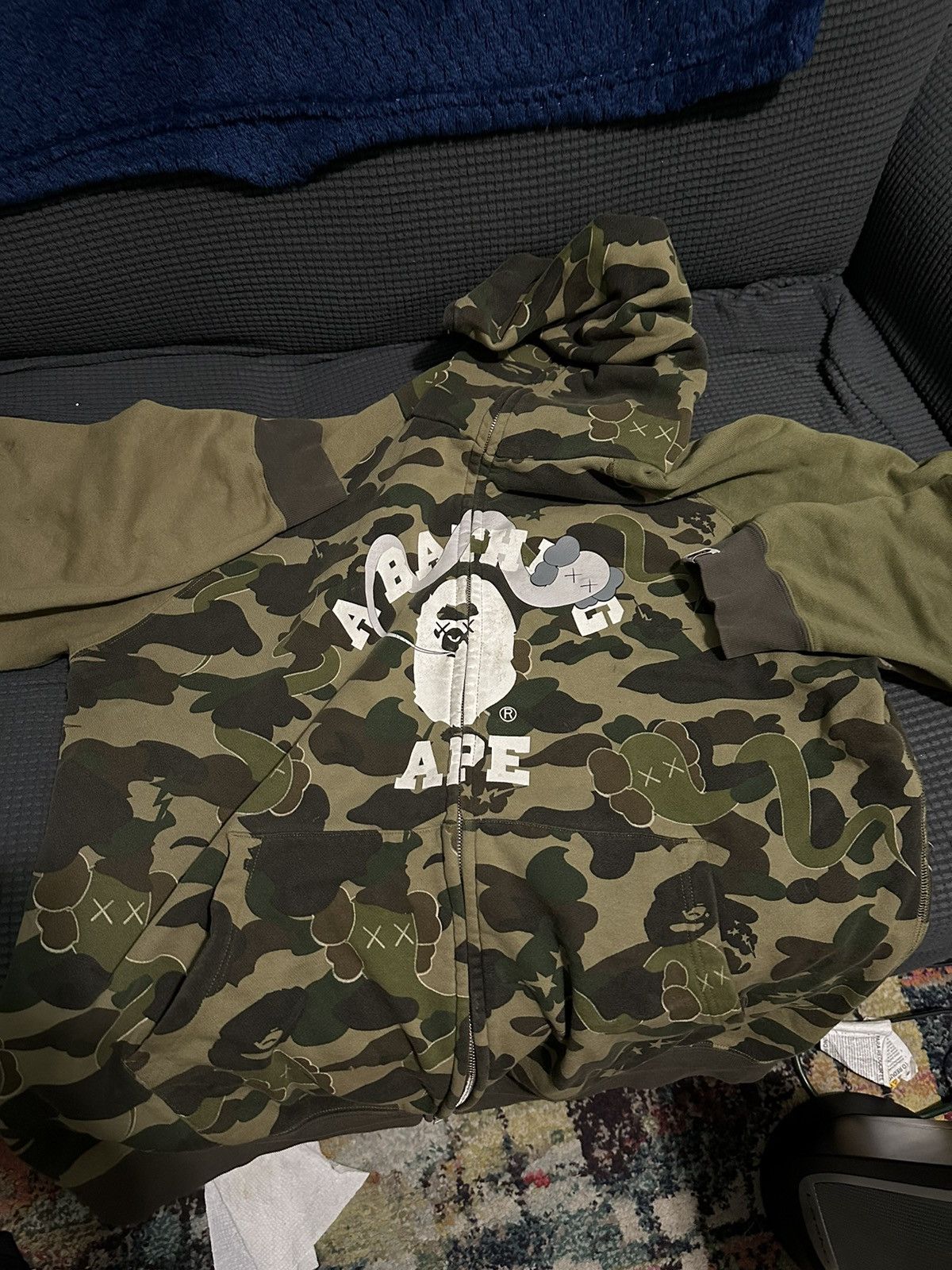 image of Bape x Kaws Crazy Camo College Full Zip Hoodie in Green, Men's (Size XL)