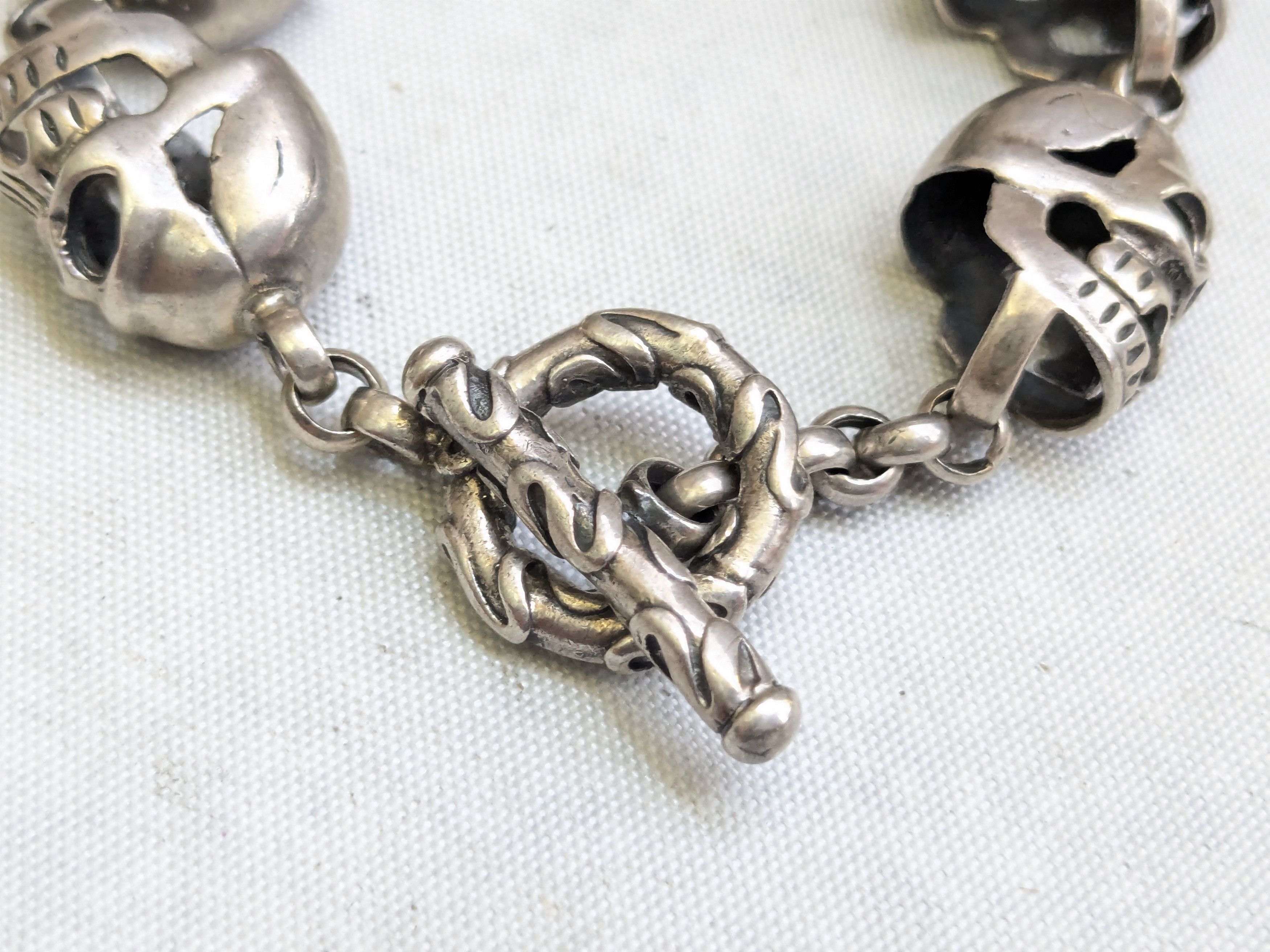 Jewelry Vintage Sterling Silver Skull Bracelet 6.25" Biker Punk Size ONE SIZE - 4 Thumbnail