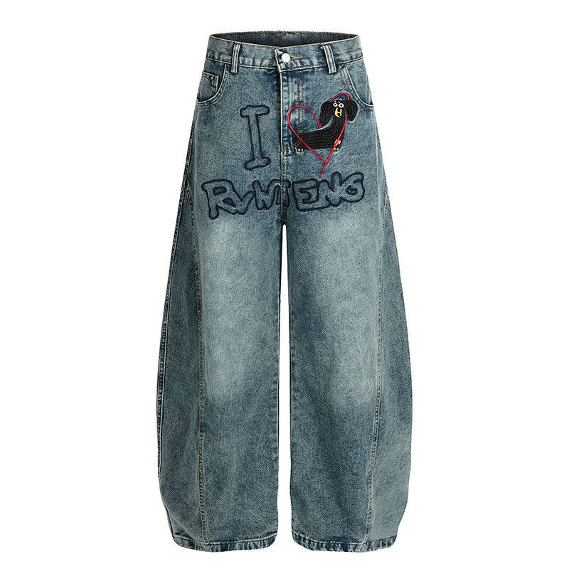 Vintage American retro embroidered puppy wash distressed loose jeans Size US 32 / EU 48 - 1 Thumbnail