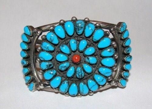 Designer Sterling Silver Turquoise and Red Coral Cuff Bracelet Size ONE SIZE - 1 Thumbnail