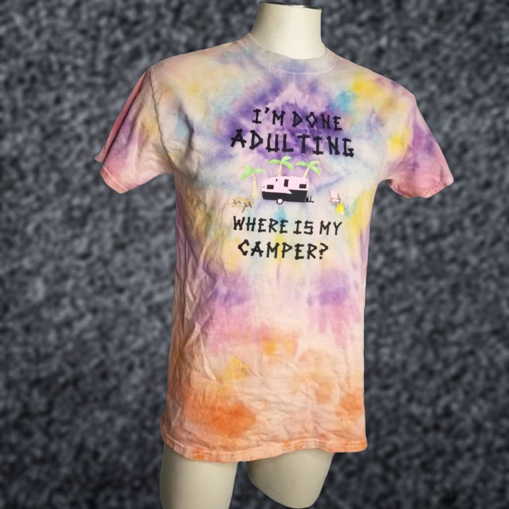 Gildan I'm Done Adulting Where's My Camper Camping Tie Ice Dye Shirt Mens M Size US M / EU 48-50 / 2 - 1 Thumbnail