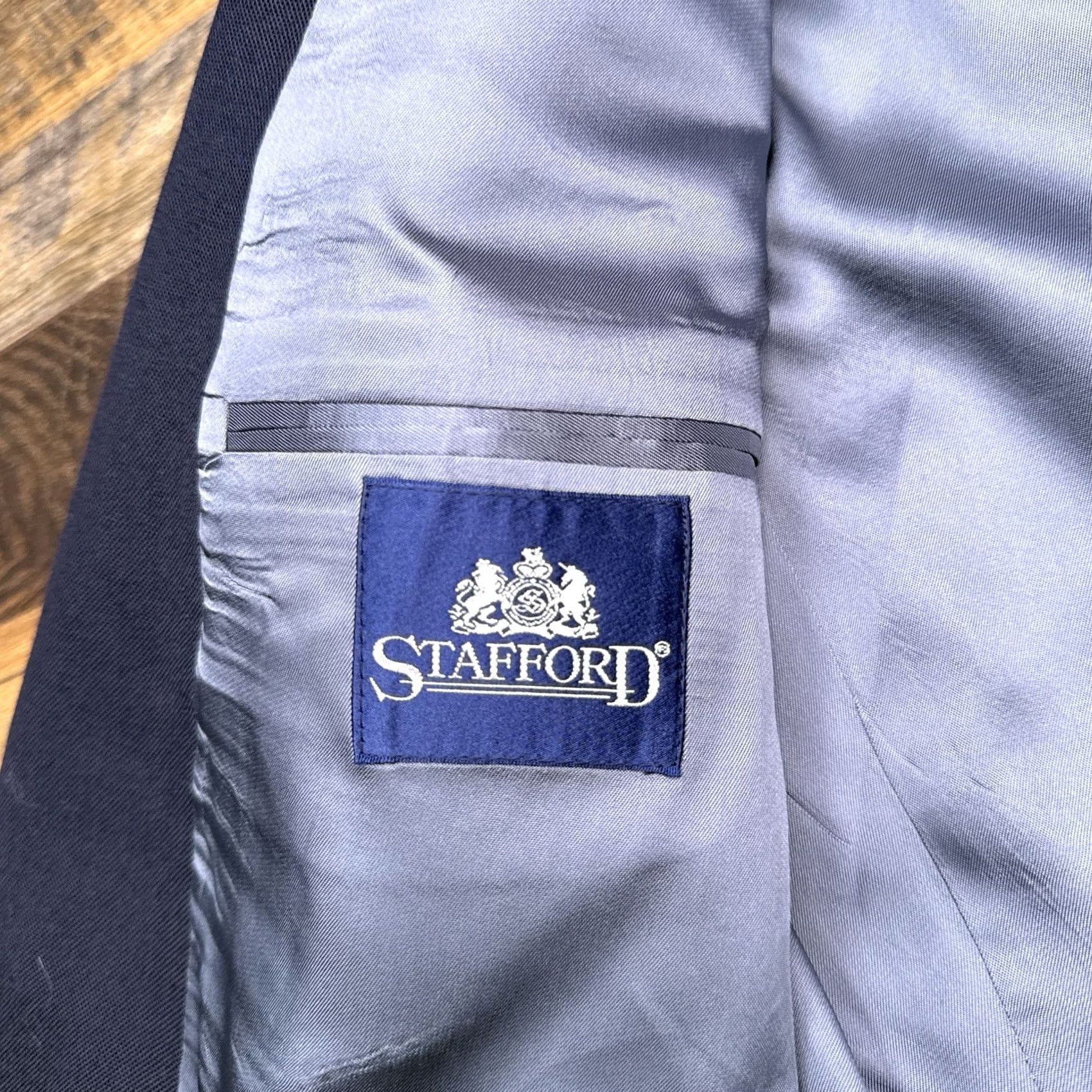 Stafford Stafford Blazer 43R Navy Wool Polyester Notch Lapel 4-Button Single-Breasted Sport Coat Men Regular Vintage No Size 46R - 6 Thumbnail