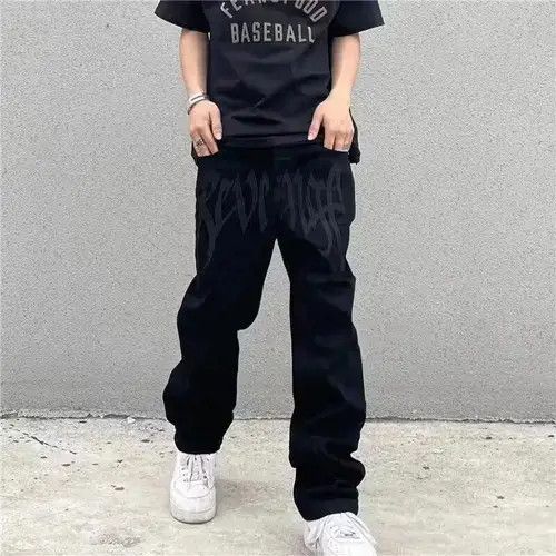 Other Retro Black Embroidered Letter Jeans Size US 33 - 4 Thumbnail