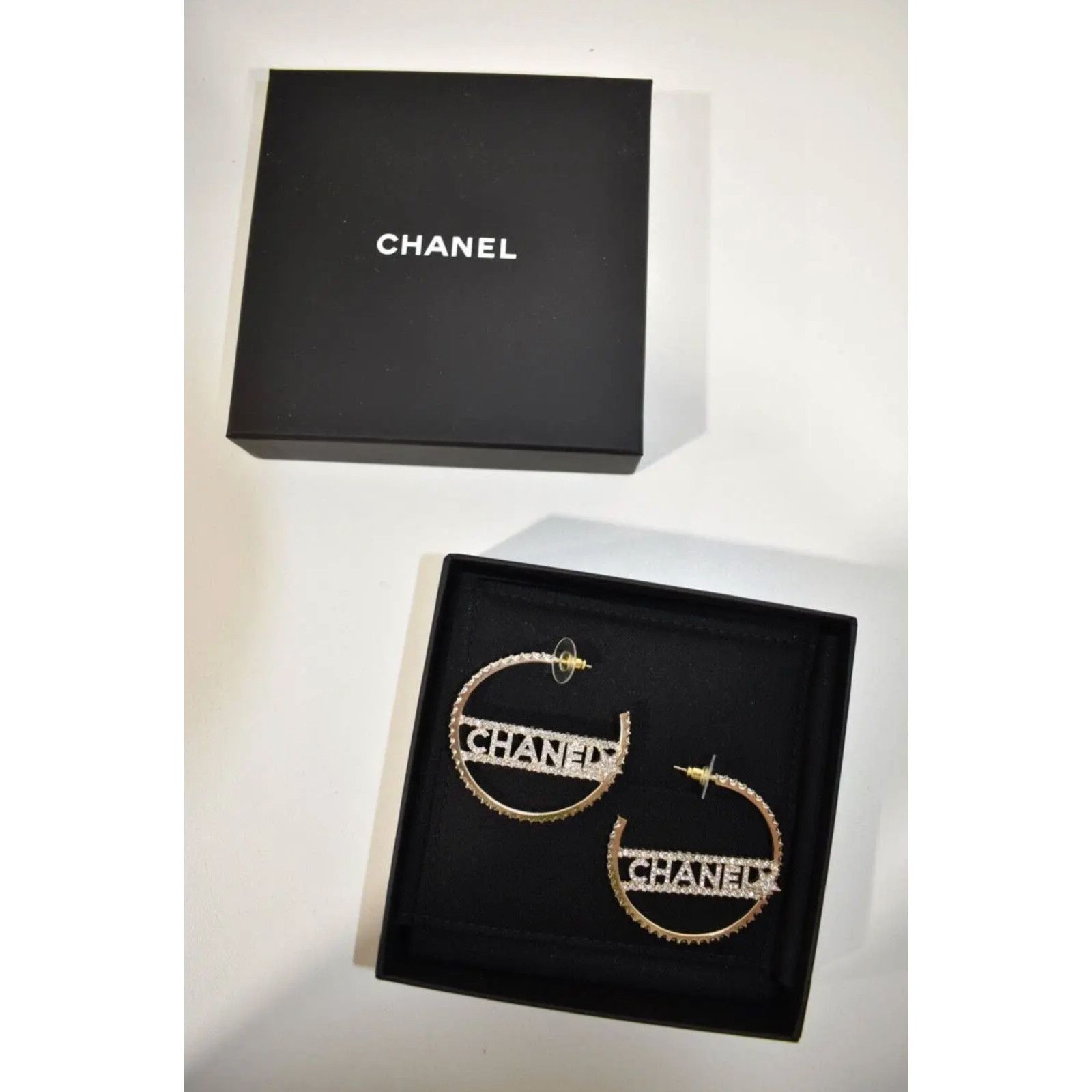 Chanel Chanel Gold Metal Crystal Drop Statement Hoop Earrings Size ONE SIZE - 3 Thumbnail