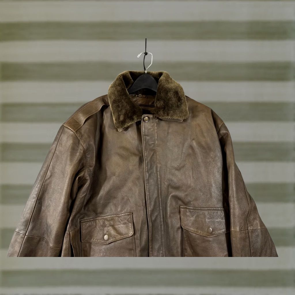 Vintage Aviator Bomber Jacket Mens XL Brown Green Genuine Leather Removable Liner Zipper Size US XL / EU 56 / 4 - 1 Thumbnail