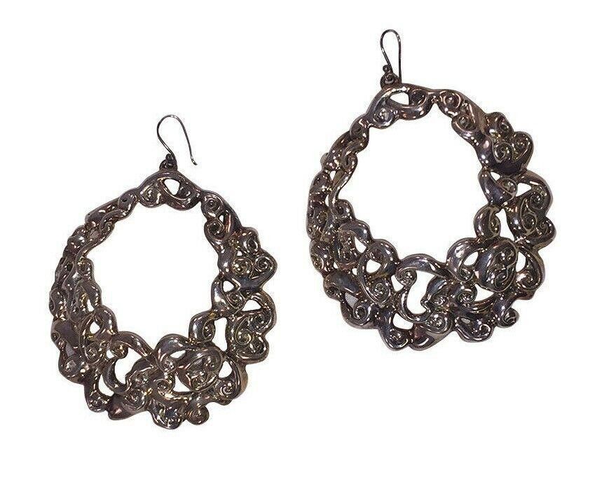 Sterling Silver Israeli Sterling Lost Wax Ornate Scrollwork Hoop Earrings Size ONE SIZE - 1 Thumbnail