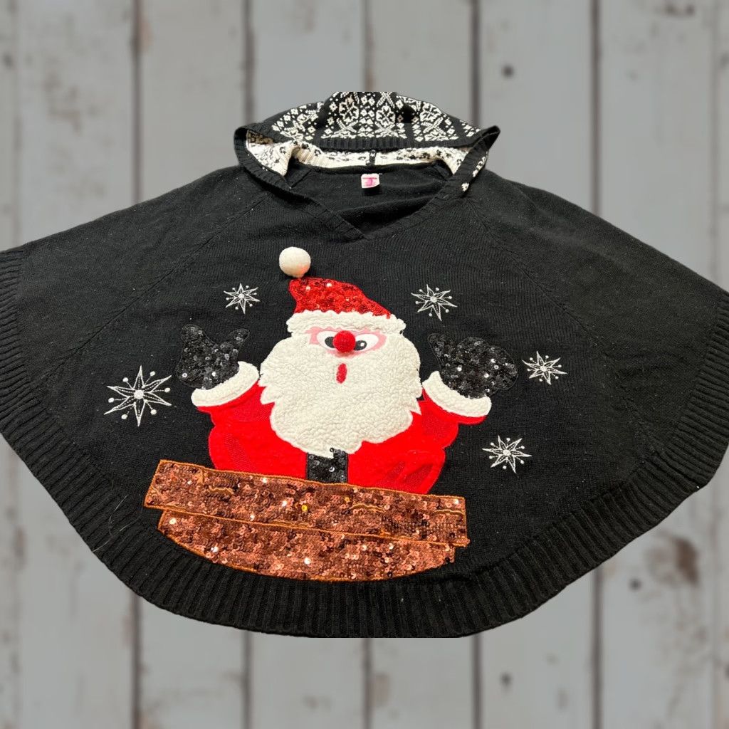 Vintage Holiday Time Women's Ugly Santa Christmas Sequin Cape Hoodie Sweater Black S Size S / US 4 / IT 40 - 1 Thumbnail
