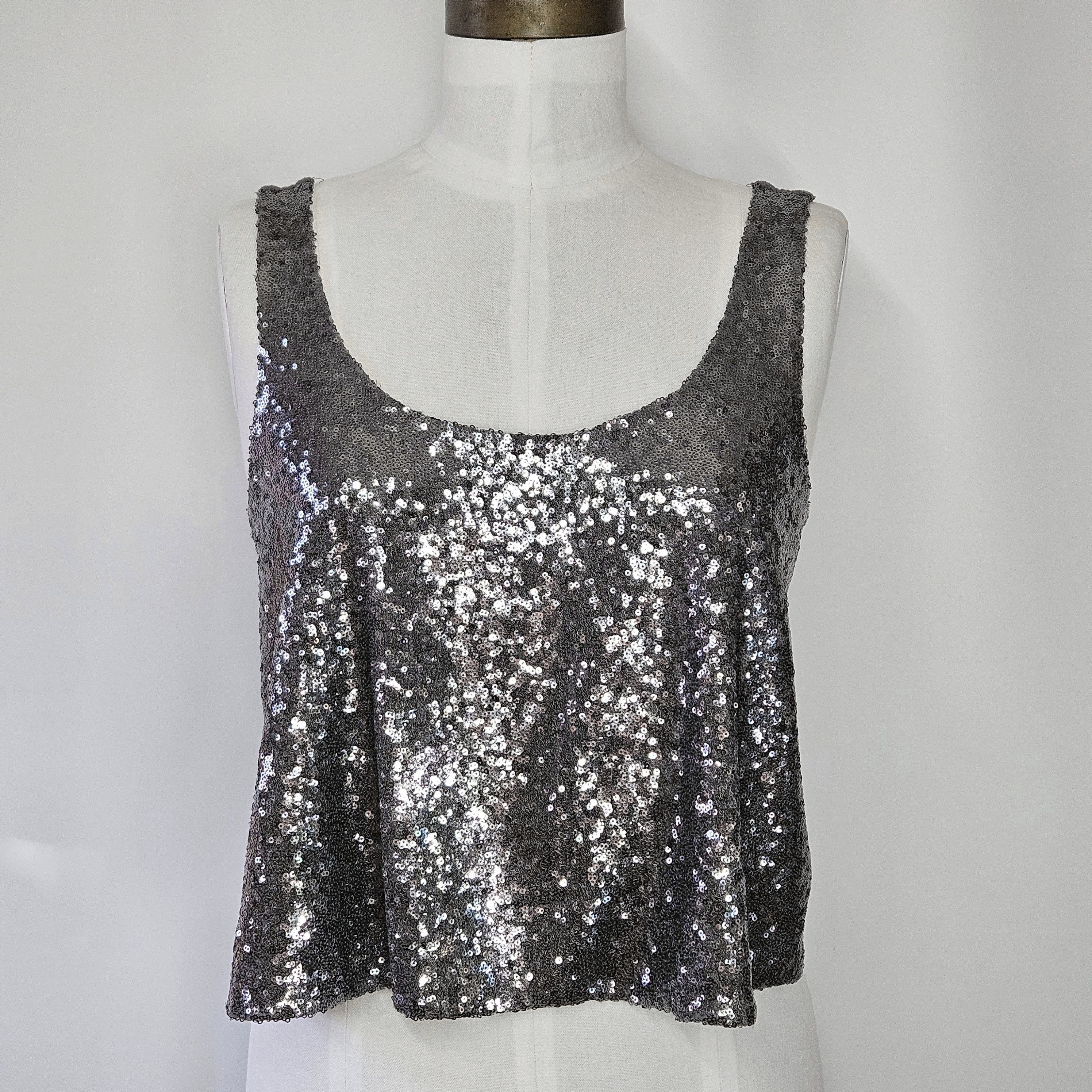 Guess Guess Size M Tank Top Silver Sequin Crop Cami Grey Jersey Size M / US 6-8 / IT 42-44 - 9 Thumbnail
