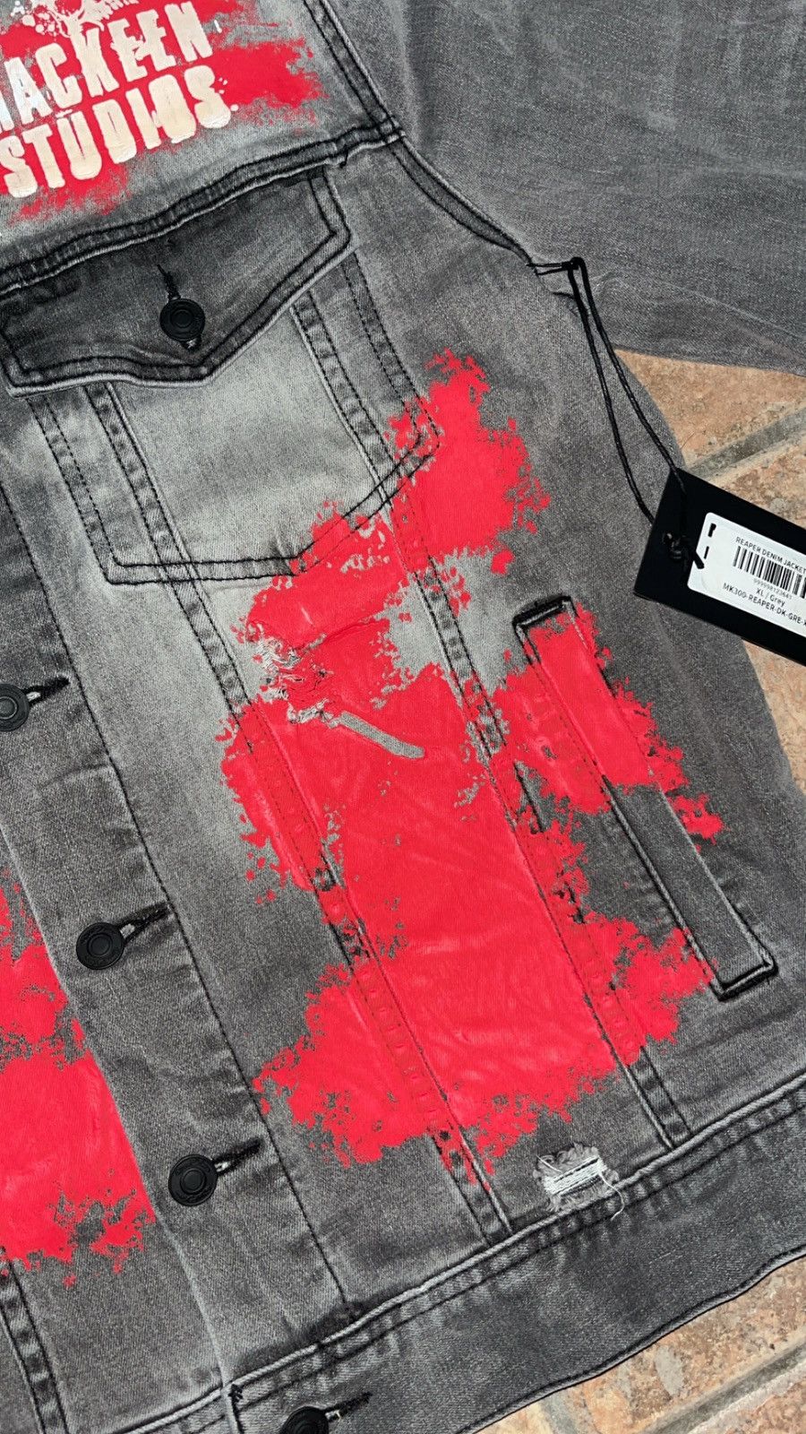 Designer Distressed denim jacket with skulls and red splatter design Size US XL / EU 56 / 4 - 6 Thumbnail