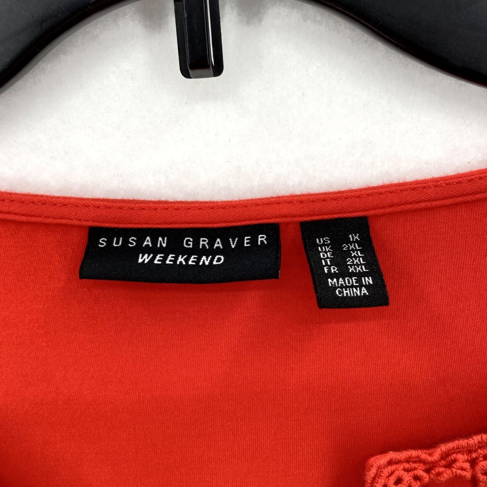 Vintage Susan Graver Shirt Womens 1X Red Crochet Trim 3/4 Sleeve Boho Pullover Top Size XL / US 12-14 / IT 48-50 - 4 Thumbnail