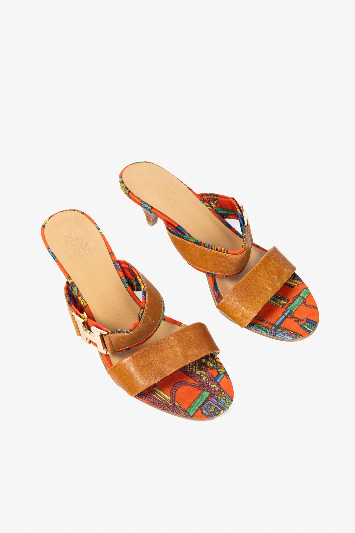 Hermes Brown Leather Orange Printed-Silk Mule Sandals