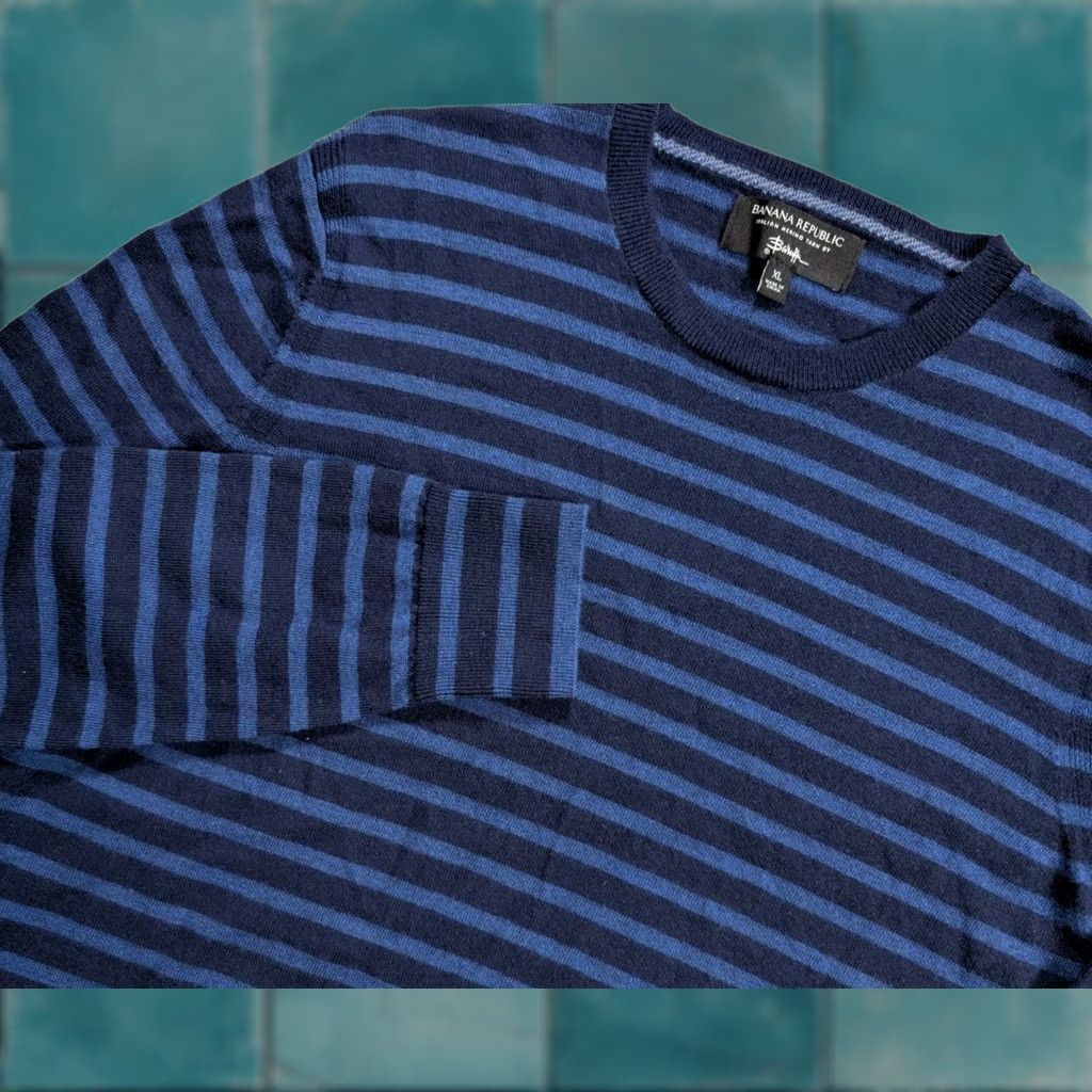 Banana Republic Banana Republic Blue Merino Wool Crew Neck Sweater Men XL Striped Knit Pullover Casual, Business, Travel 90s Theme Not Applicable Size US XL / EU 56 / 4 - 1 Thumbnail