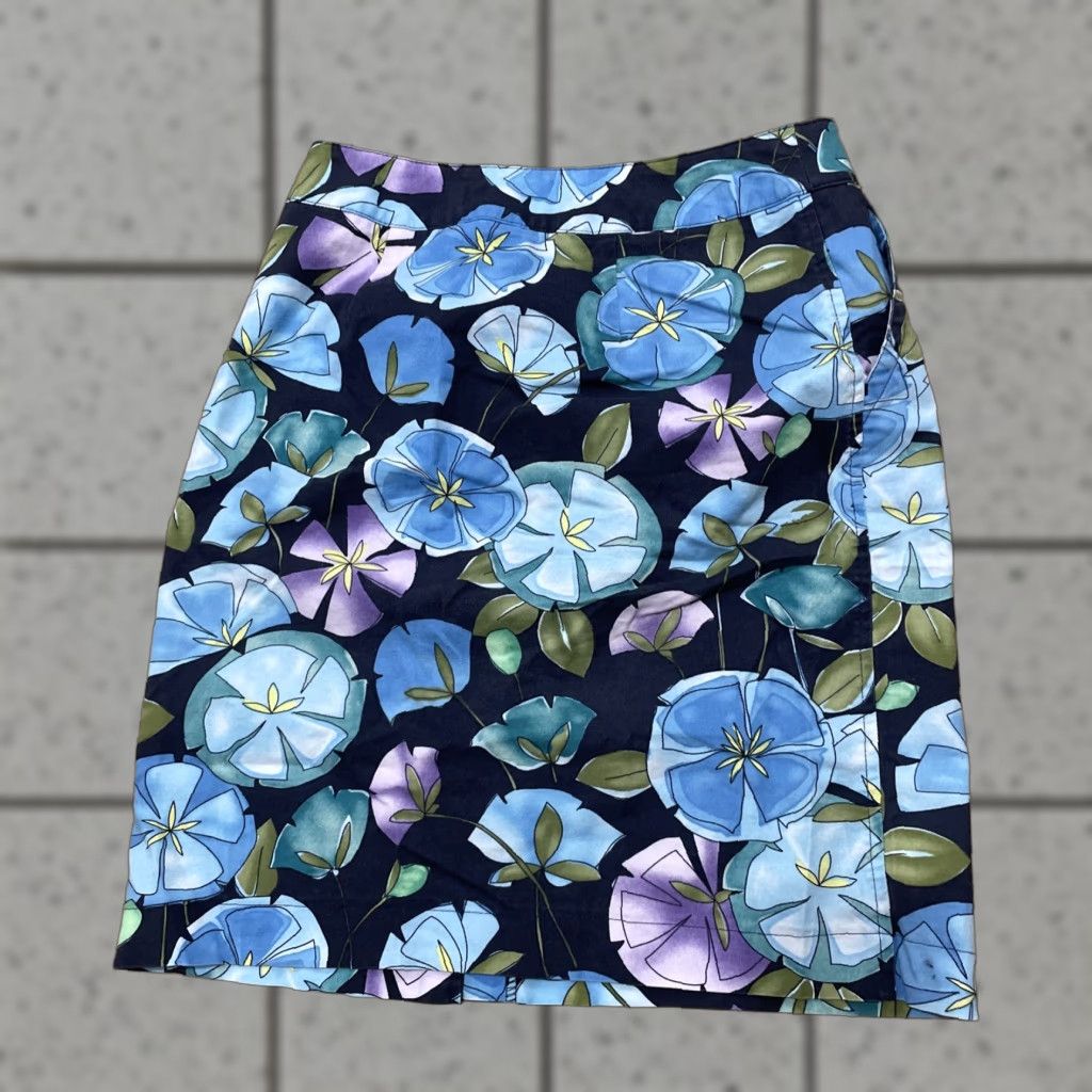 Talbots VINTAGE Talbots Skirt Hawaiian Floral Midi Cotton Canvas Belted Blue Green Black Women 2 Regular Summer Spring Womens Size 26" / US 2 / IT 38 - 1 Thumbnail
