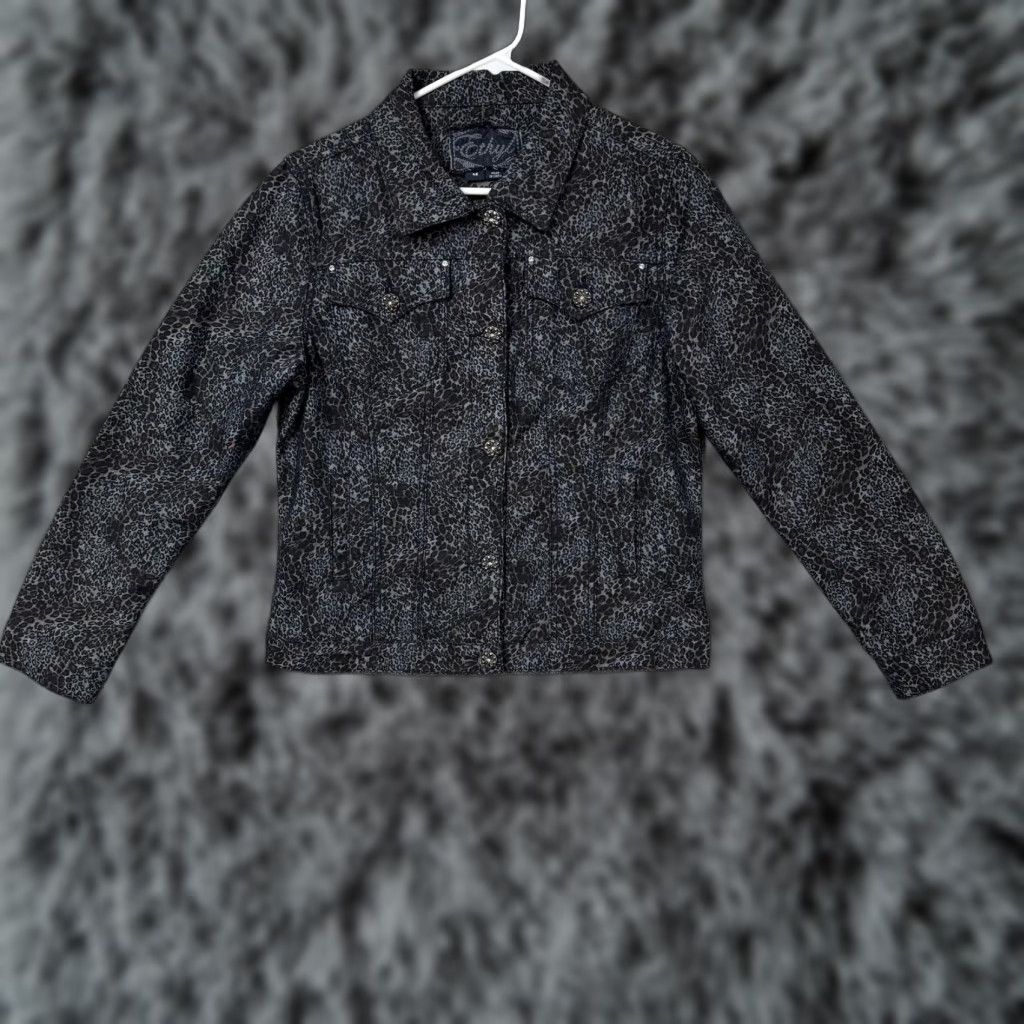 Denime Ethyl Jacket M Leopard Print Denim Jean Button Front Edgy Statement Blue Black Size 32" / US 10 / IT 46 - 1 Thumbnail