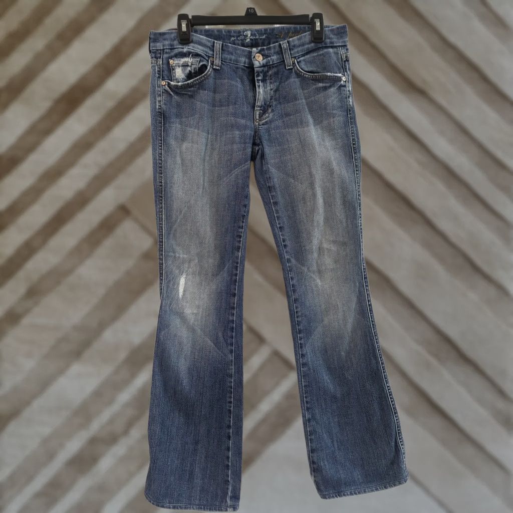 7 For All Mankind 7 For All Mankind Jeans 29 Womens Blue Flared Denim Distressed 5-Pocket Zip Belt Loops Inseam 31 Stonewash Medium Wash Size 29" - 1 Thumbnail