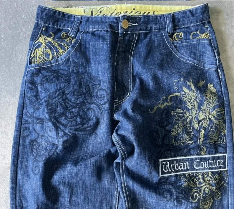 Japanese Brand Pop Pattern Geometric Embroidery Baggy Jeans Size US 32 / EU 48 - 5 Thumbnail